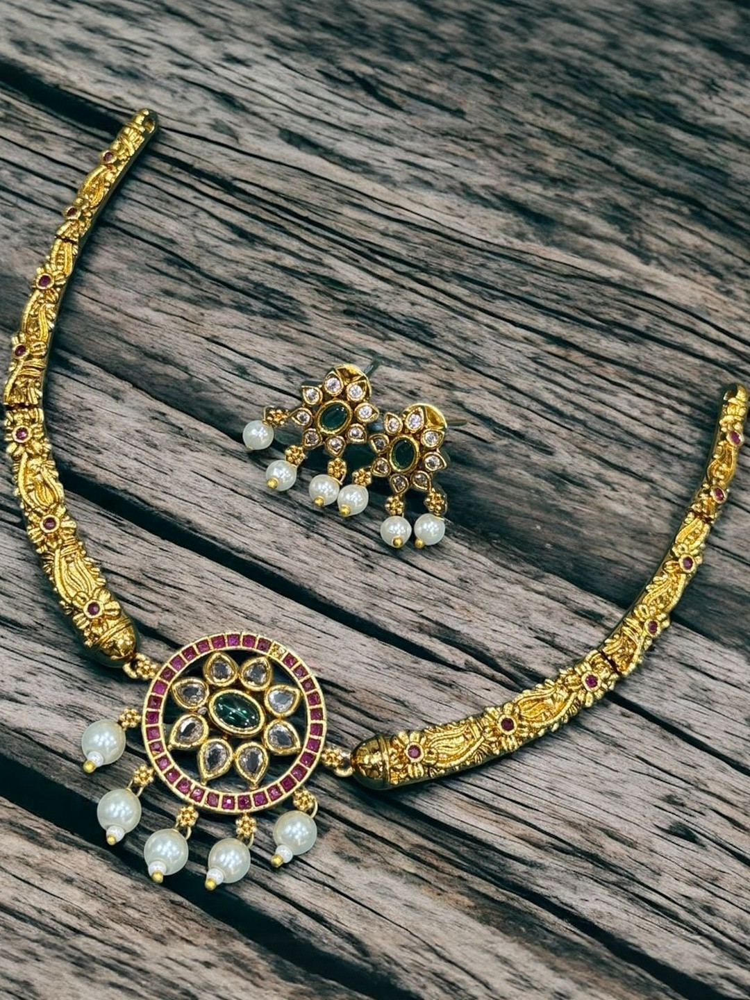 EBR Gold-Plated American Diamond Studded & Pearls Beaded Necklace And Earrings