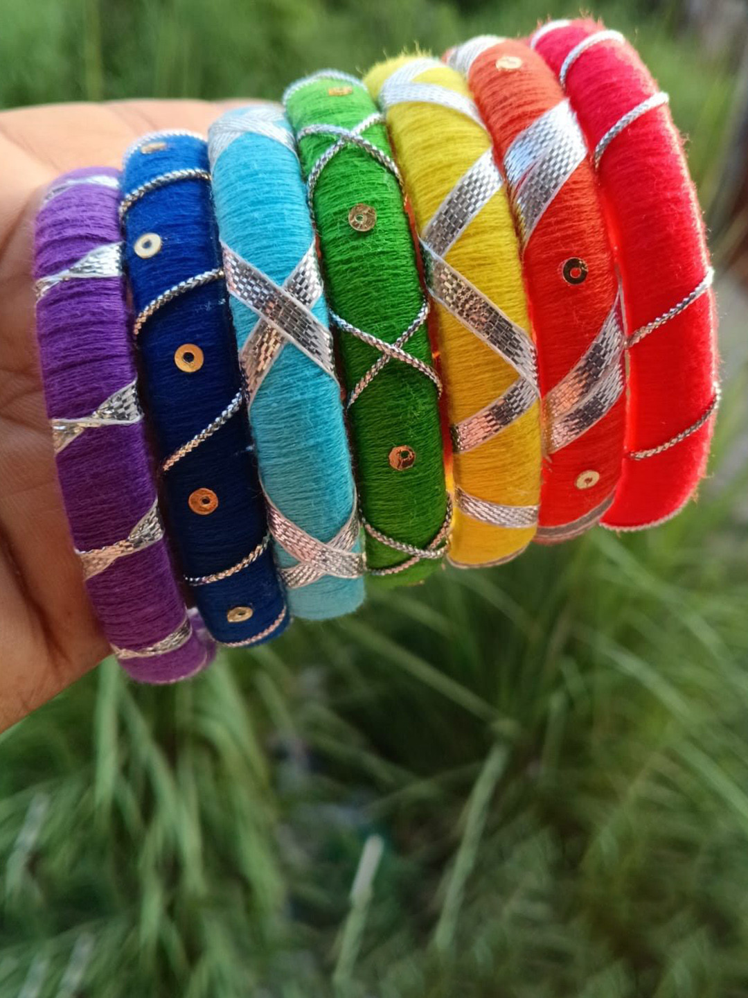 OCMOH Set Of 7 Sterling Silver Thread Work And Sequence Design Bangles