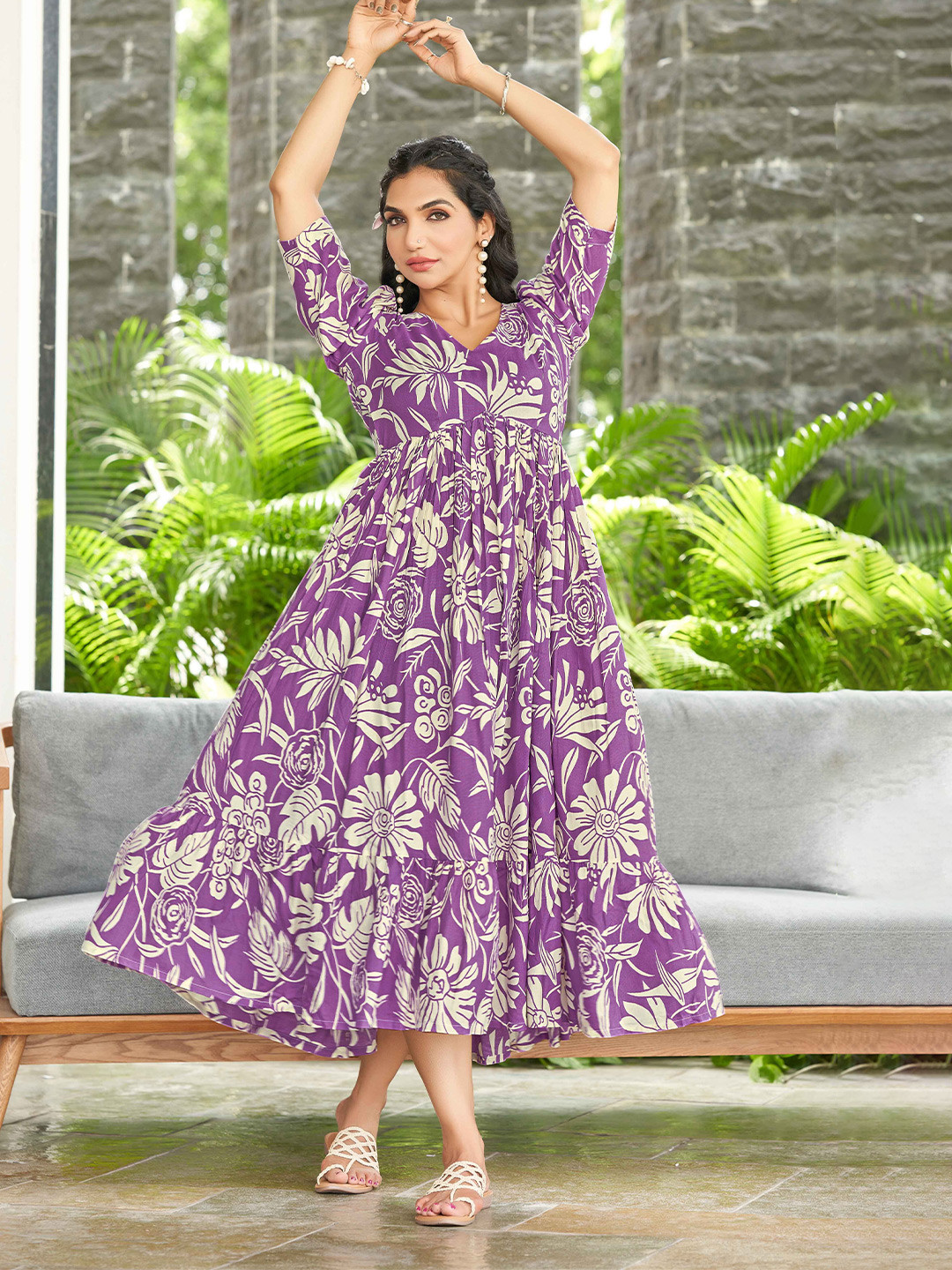 ODD BY chansi TRENDZ Women Purple Floral Printed  Gathered or Pleated Empire Midi Dress