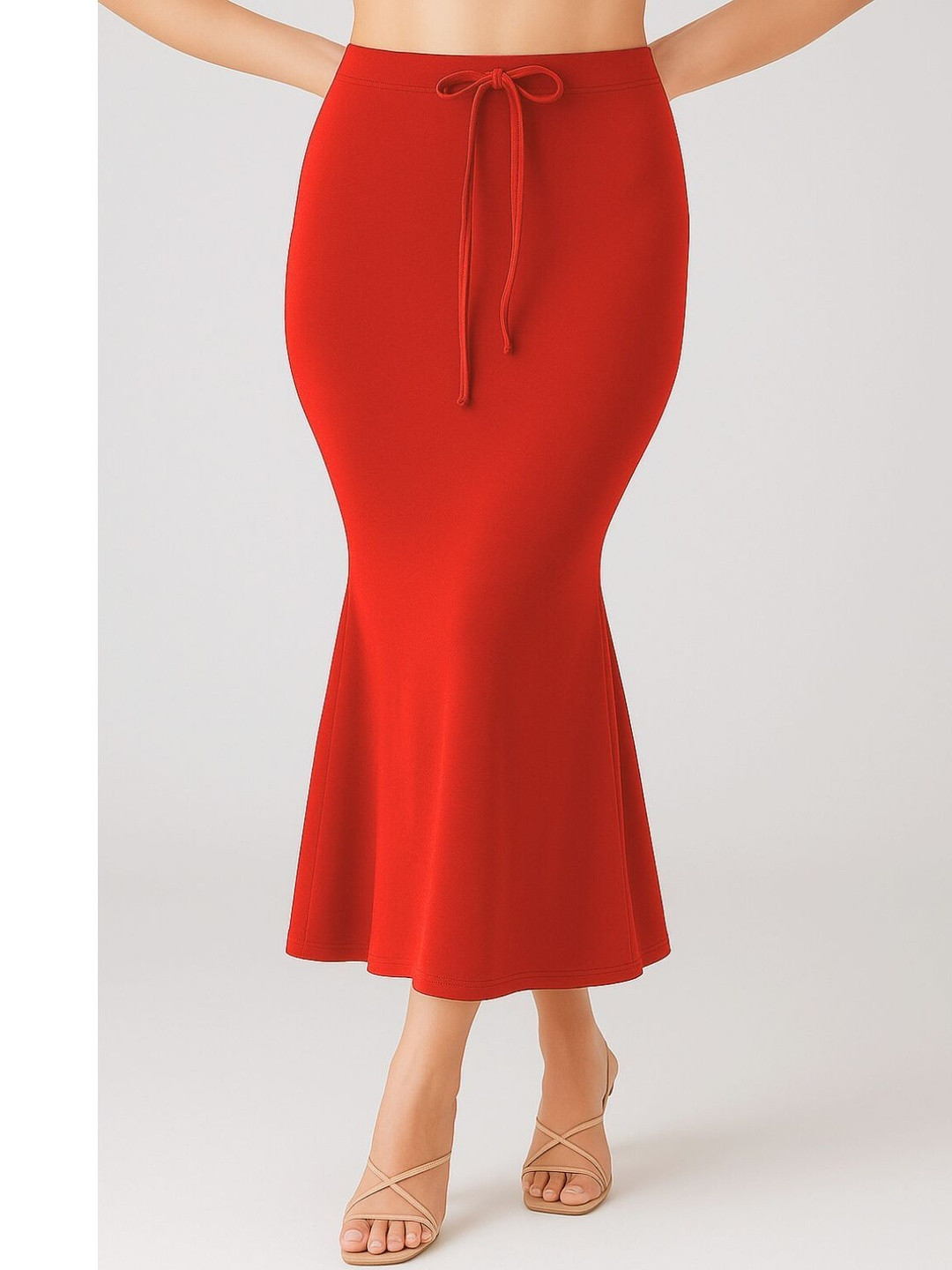 Nature thread Women Red Solid Side Slit Shapewear Saree Skirt With Drawstring