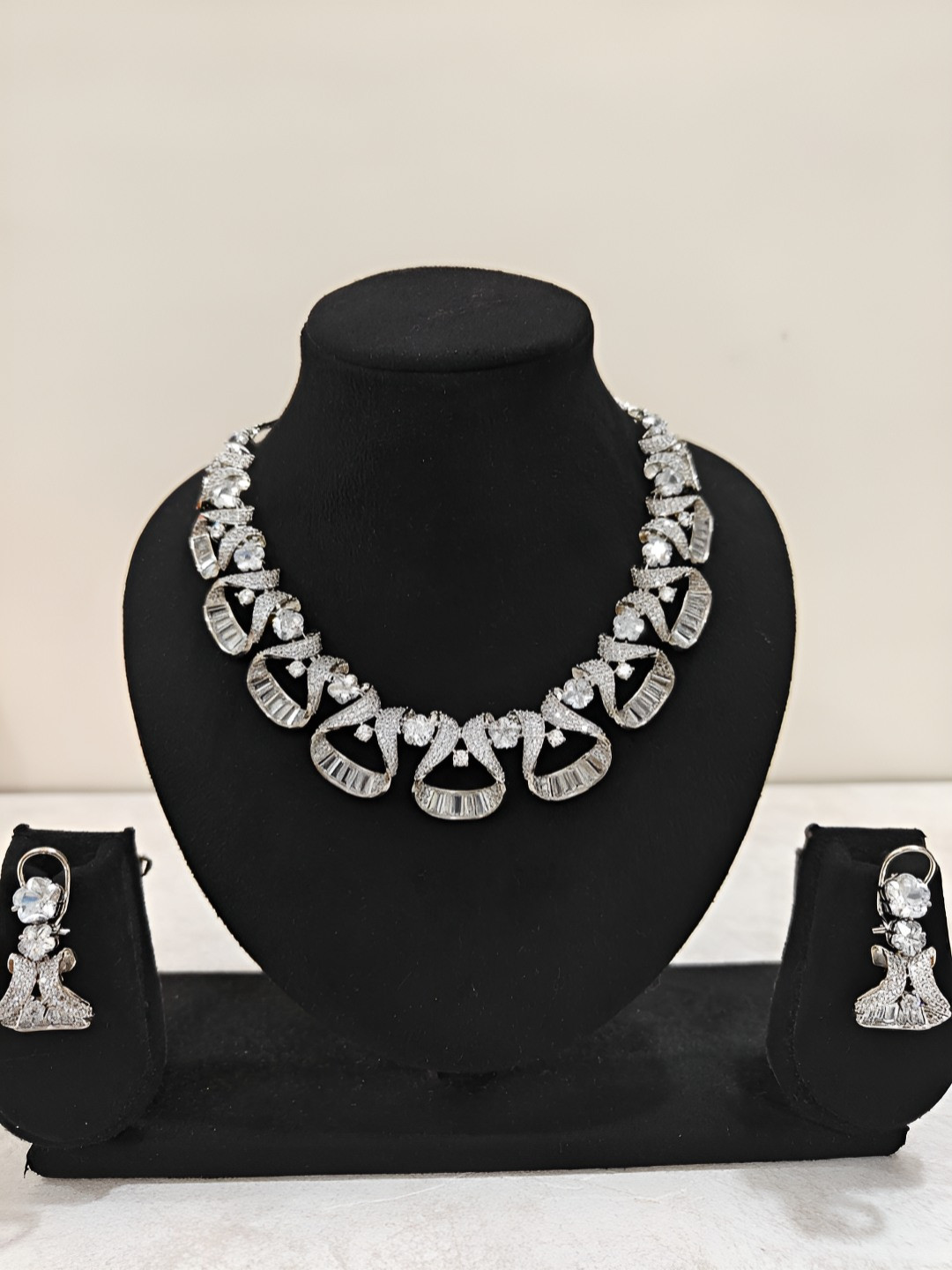 THEPANDASTOREE Silver Plated American Diamond Fan Motif Necklace Set with Earrings
