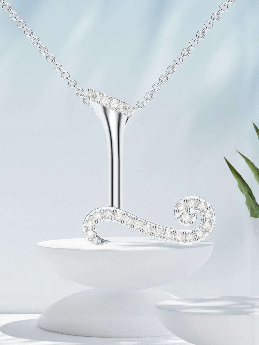 Kicky And Perky 925 Sterling Silver Rhodium-Plated Stones Studded L Pendant With Chain