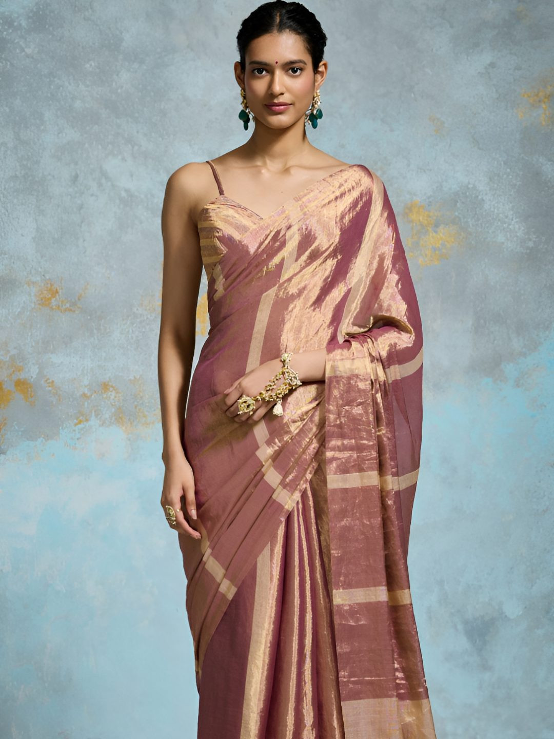 Dressfolk Deep & Light Gold Chanderi Tissue Saree with Striped Zari Design