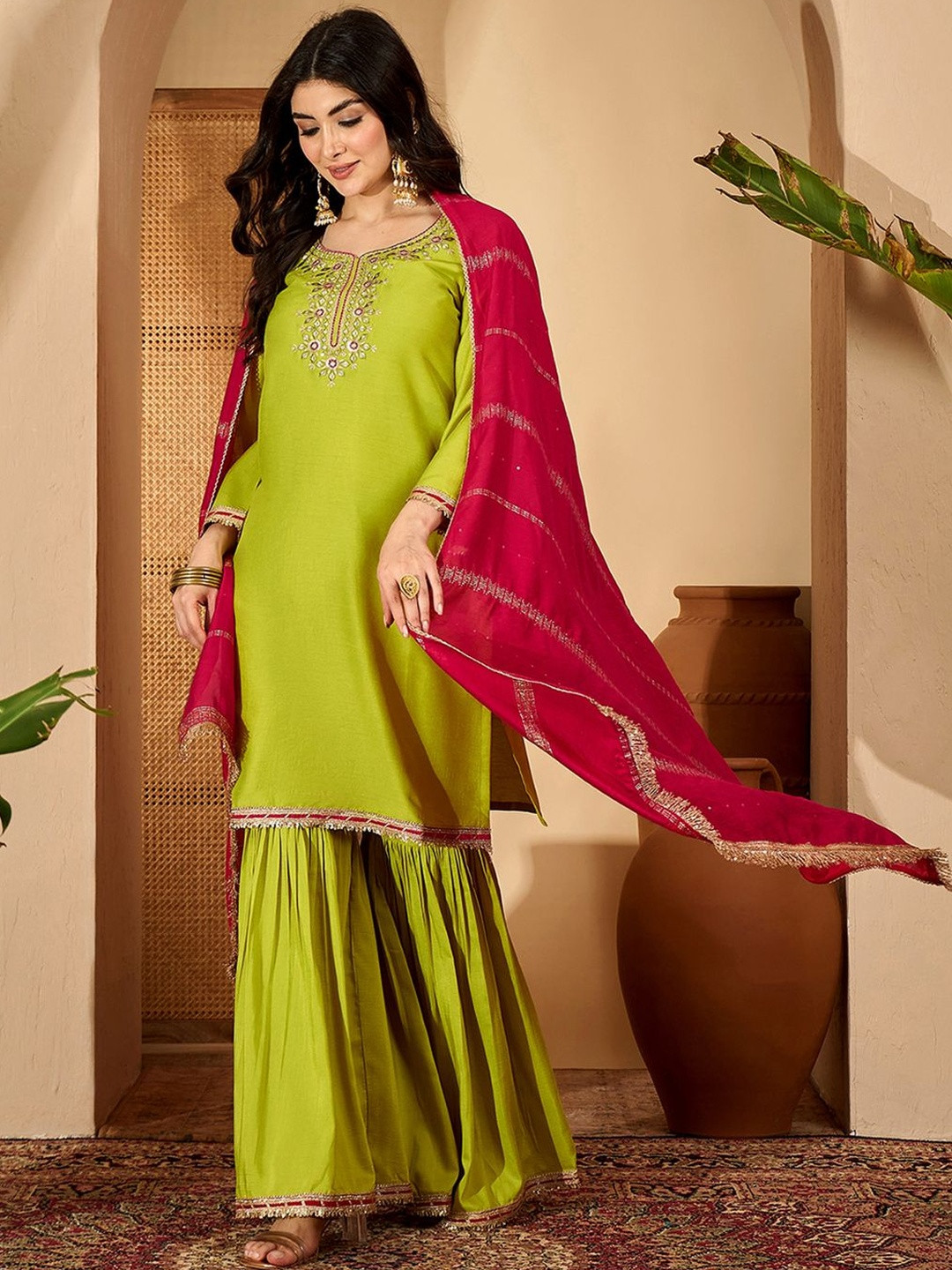 Sangria Floral Embroidered Kurta with Palazzos & Dupatta