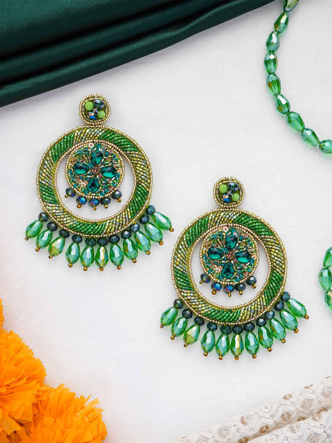 EVERSTYLISH Sauparna-The Elegant Emerald Artificial Stones & Beaded Circular Drop Earrings