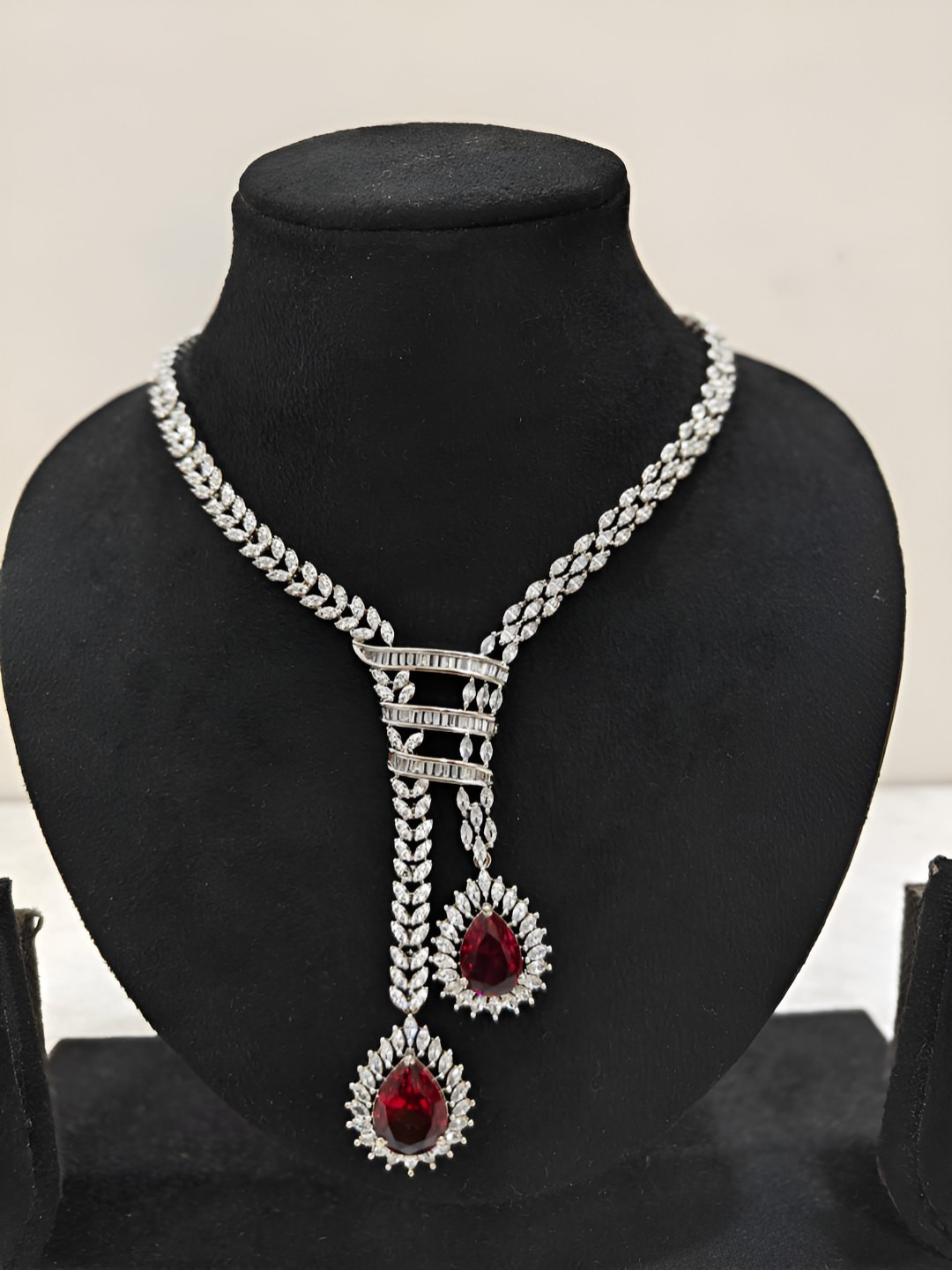 THEPANDASTOREE Silver Plated American Diamond Red Stone Drop Necklace Set