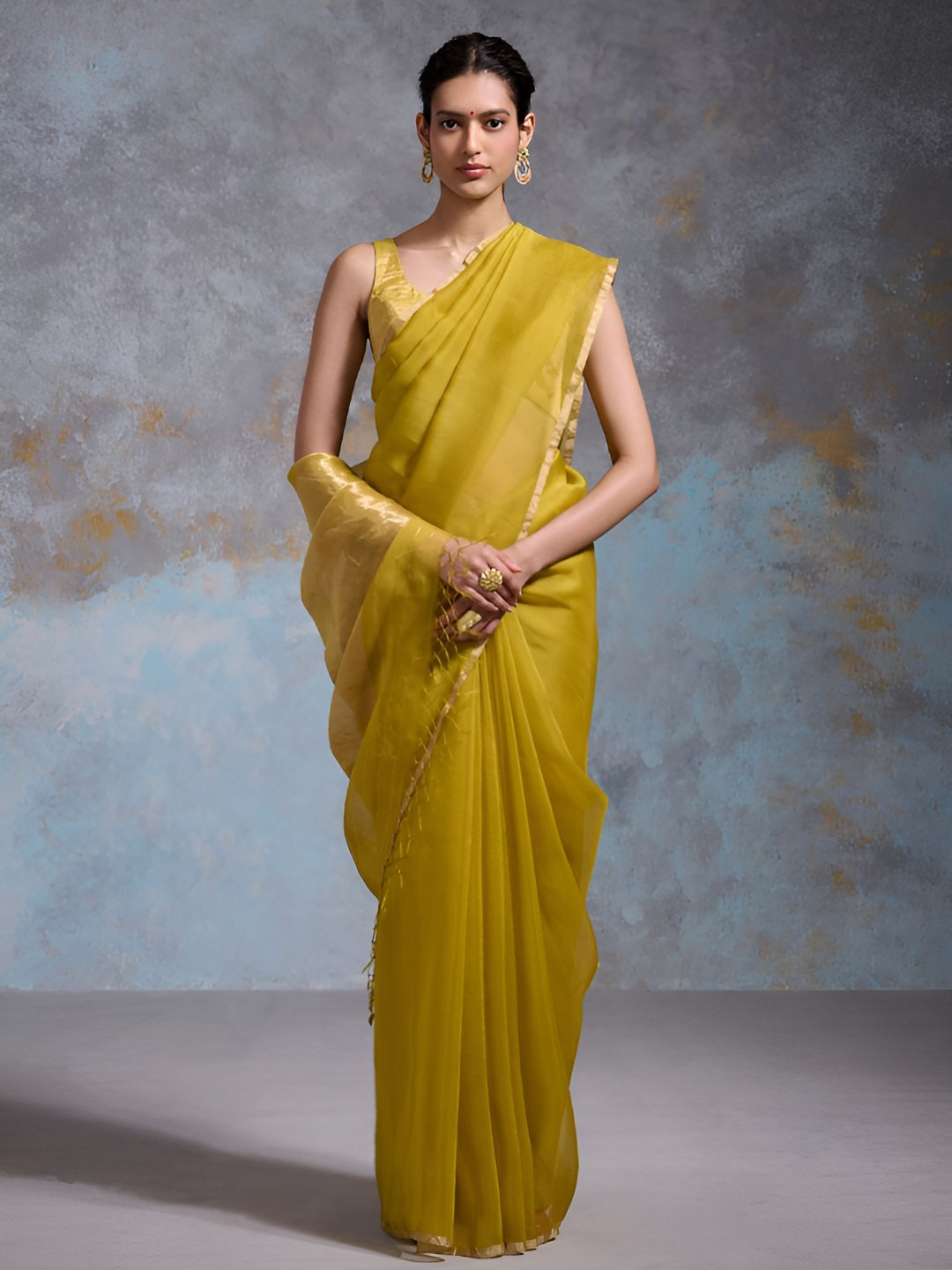Dressfolk Women Lime Yellow Handwoven Banarasi Organza Saree with Gold Zari Borders