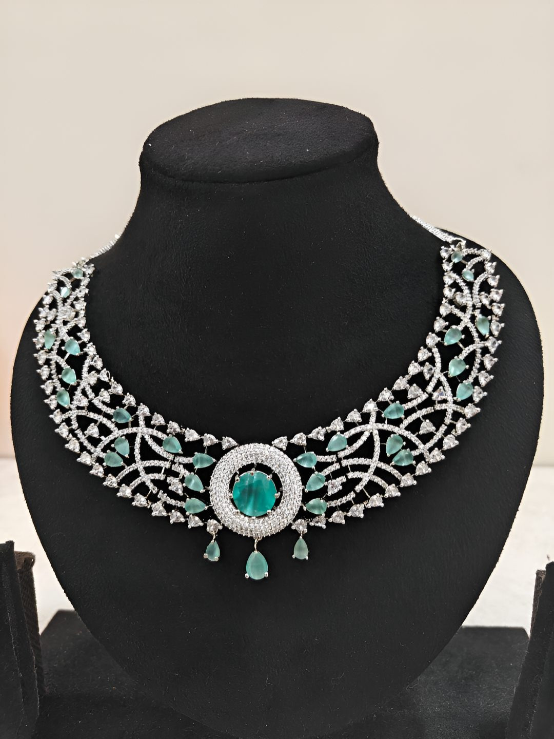 THEPANDASTOREE Silver Plated Mint Green American Diamond Statement Necklace Set