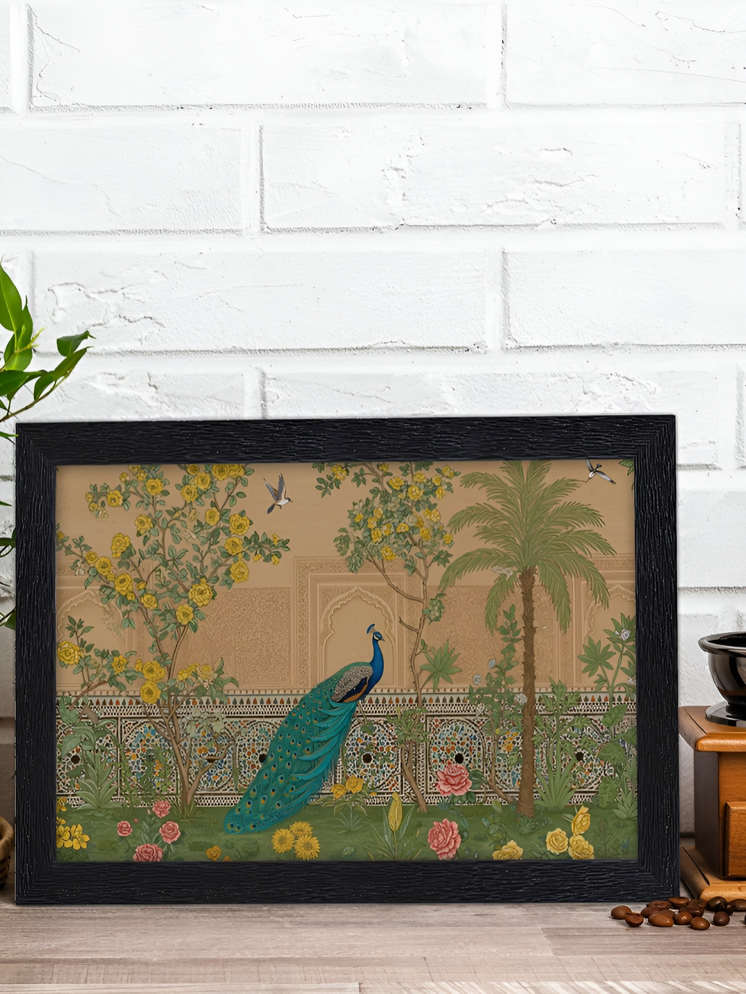 RANDOM Green & Yellow Mughal Garden Scene Featuring A Peacock Printed Wall Art