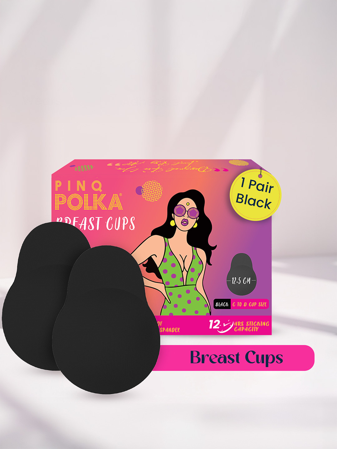 PINQ POLKA Reusable Boob Lift Cups For C-D Size Stick On Bra Women Body Tape Black 2 pcs