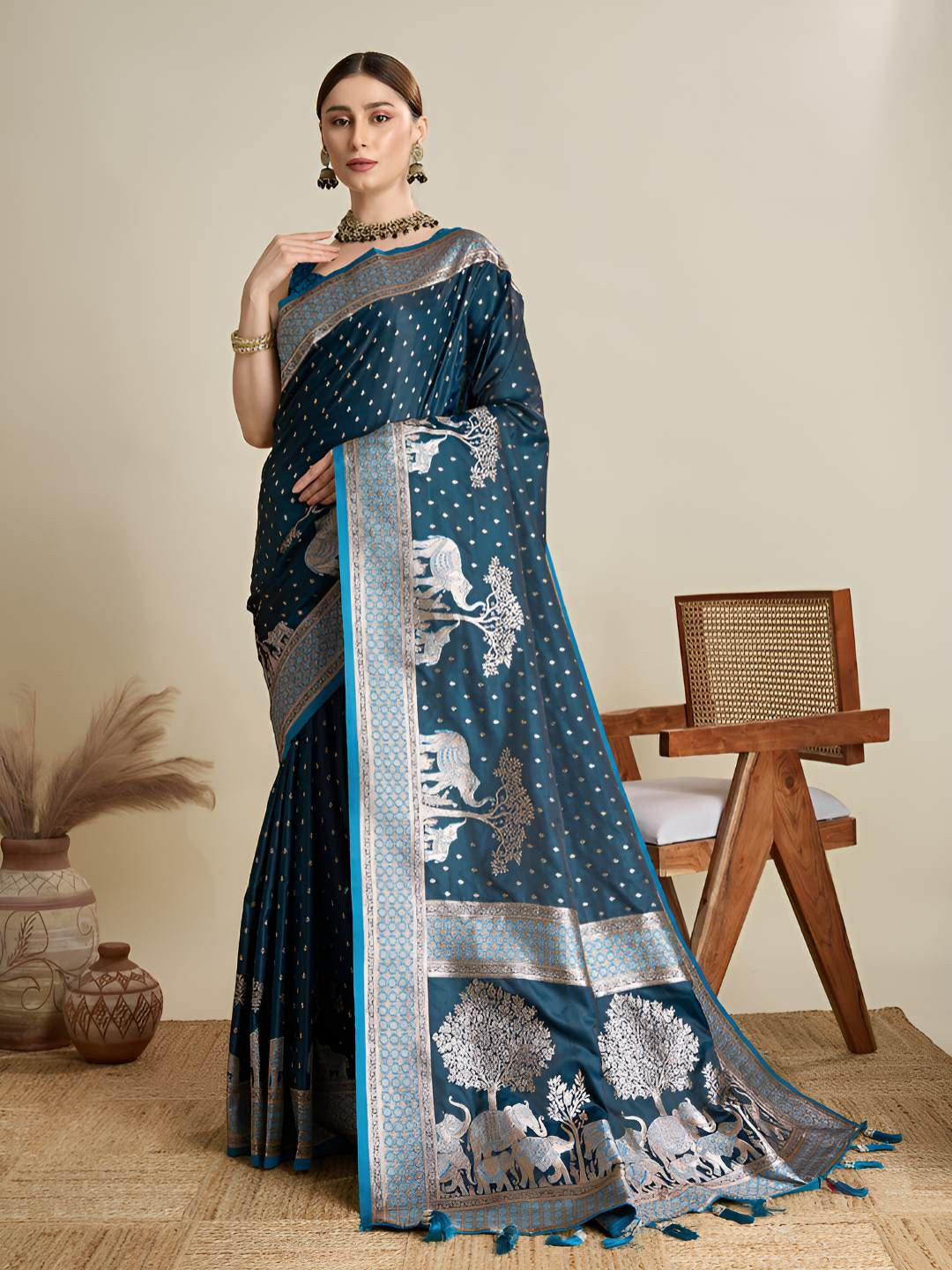 OFLINE SELECTION Ethnic Motifs Zari Satin Heavy Work Banarasi Saree