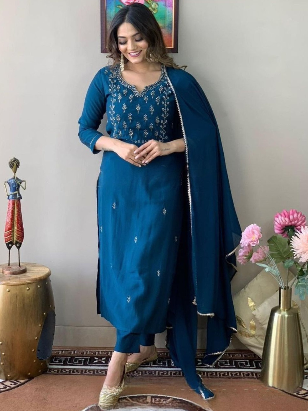 KALINI Women Blue Viscose Rayon Embroidered Thread Work Kurta Set