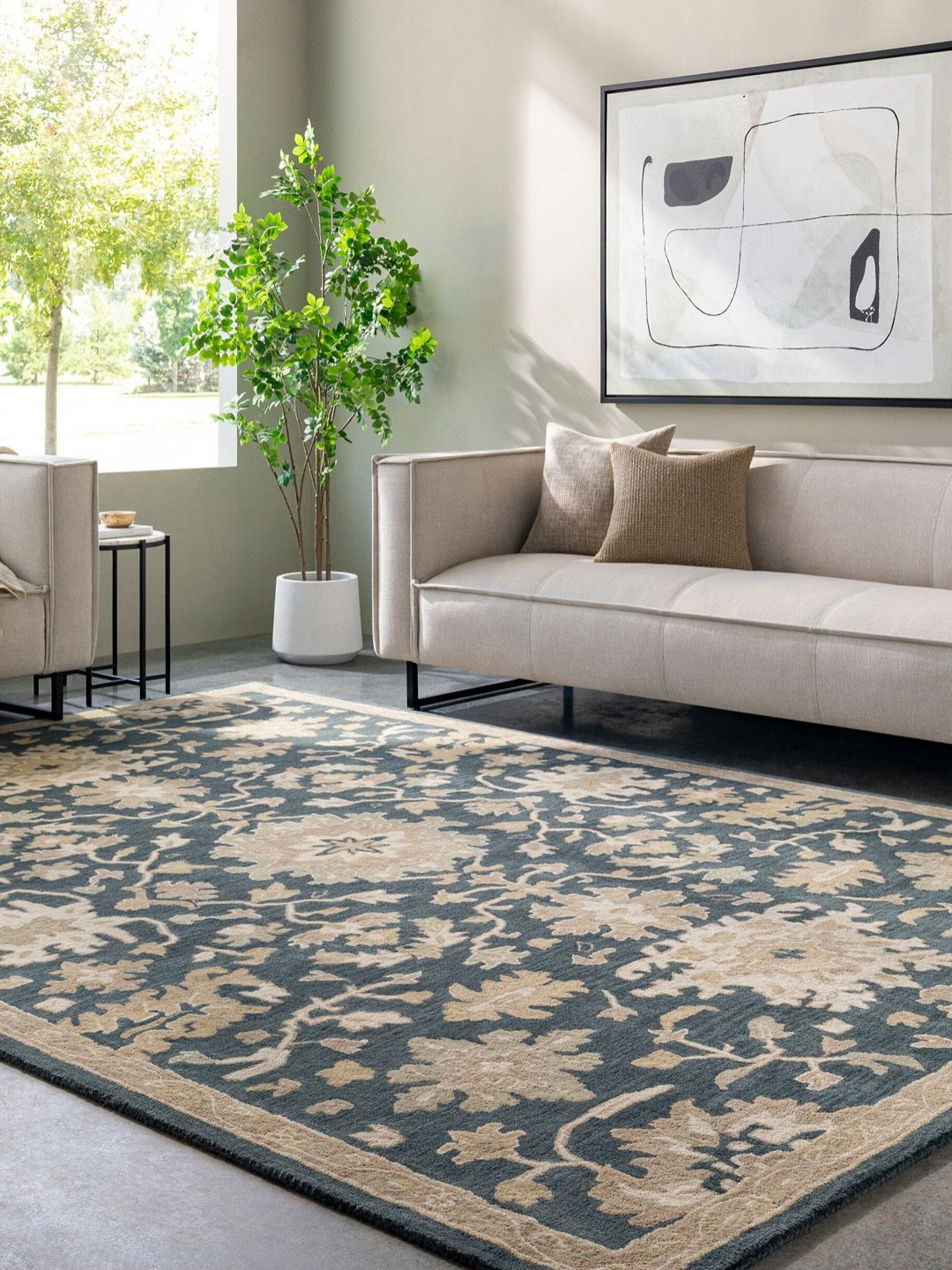 Surya Living Navy Blue Ethnic Motifs Self Design Woollen Anti-Skid Carpet
