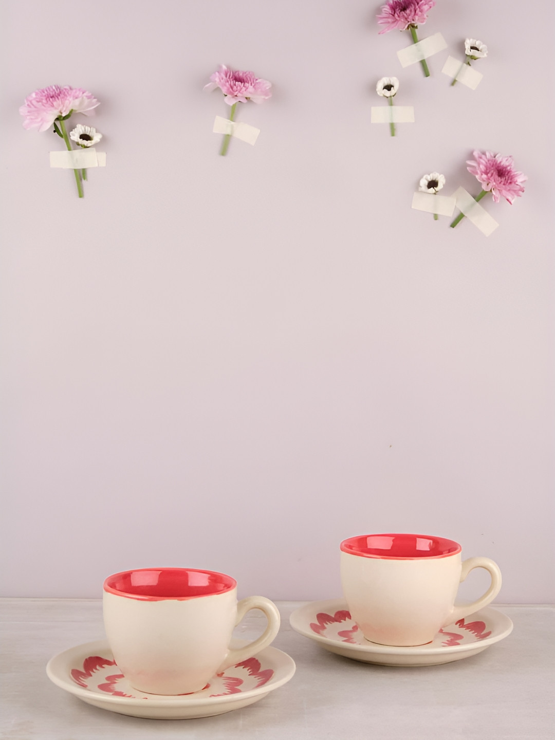 FREEDOM TREE Chrysanthemum White & Pink 2Pcs Hand Painted Ceramic Glossy Cups-150ml