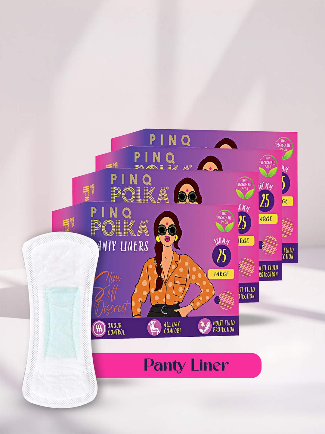 PINQ POLKA Set of 4 Large Premium Ultra Thin Cotton Feel Panty Liners - 25-Pcs Each