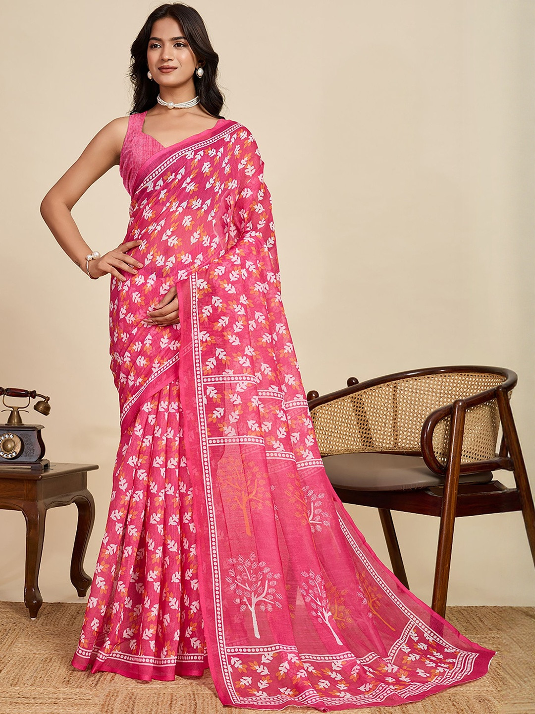 Moda Rapido Women Pink Designer Linen Block Printed Saree With Blouse Piece