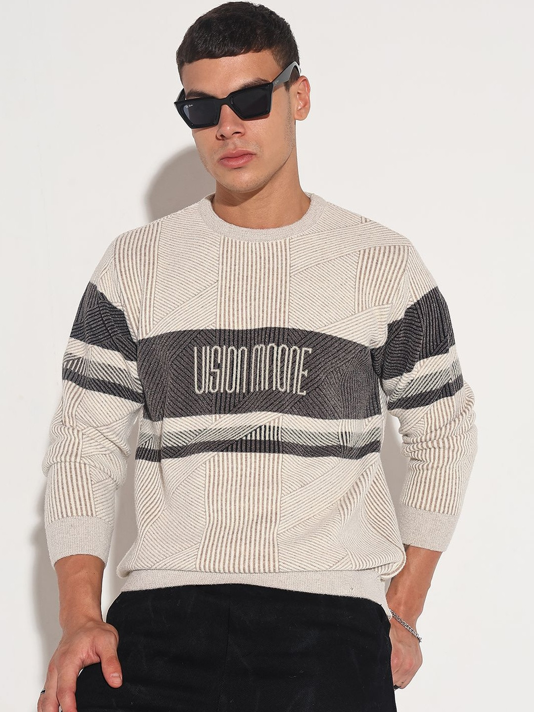 SHOWOFF Men Cotton Typography Cream Ribbed Round Neck Sweater