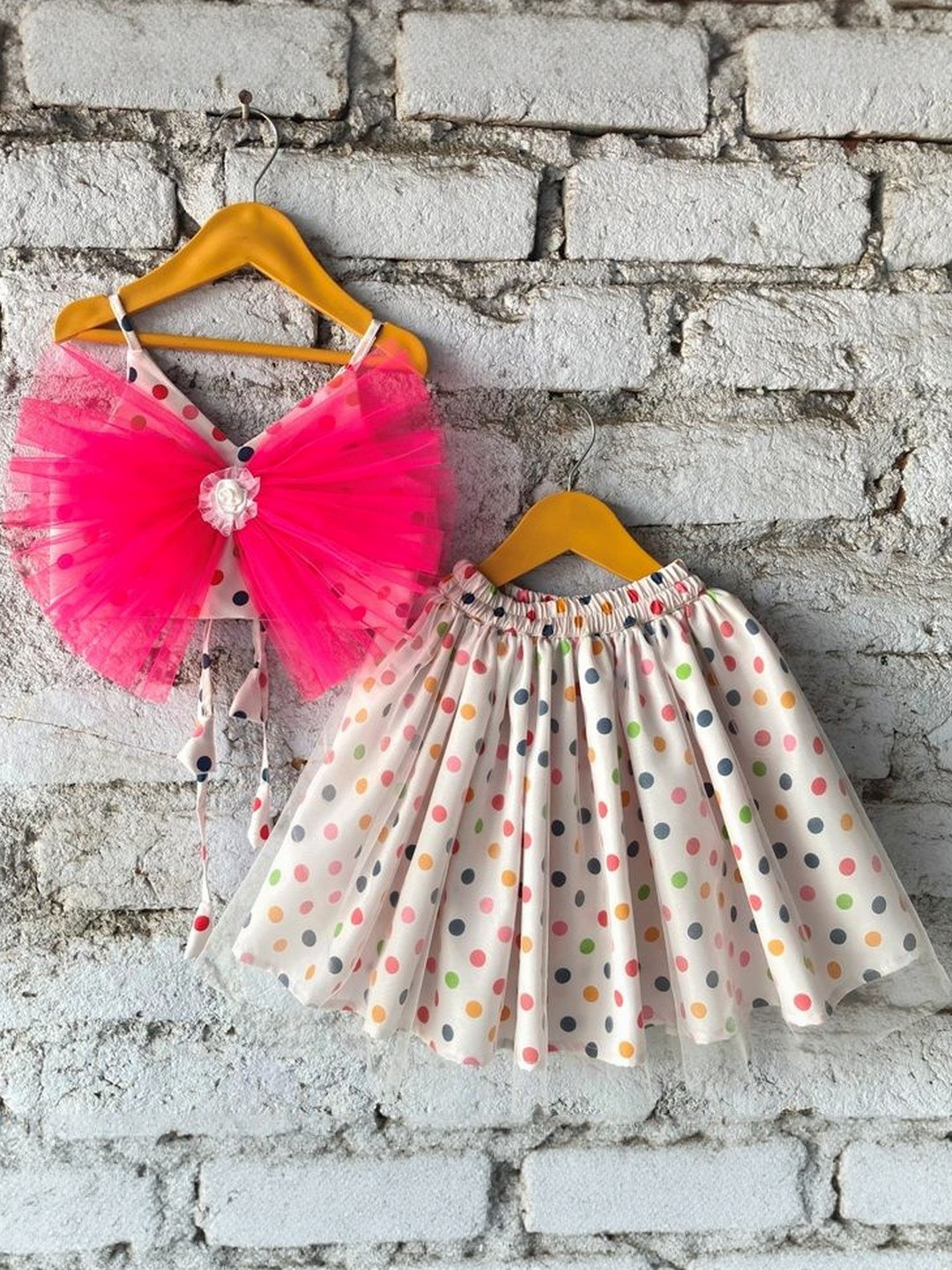 VidiRna Girls Polyester White & Pink Polka Dot Print Shoulder Strap Top With Skirt