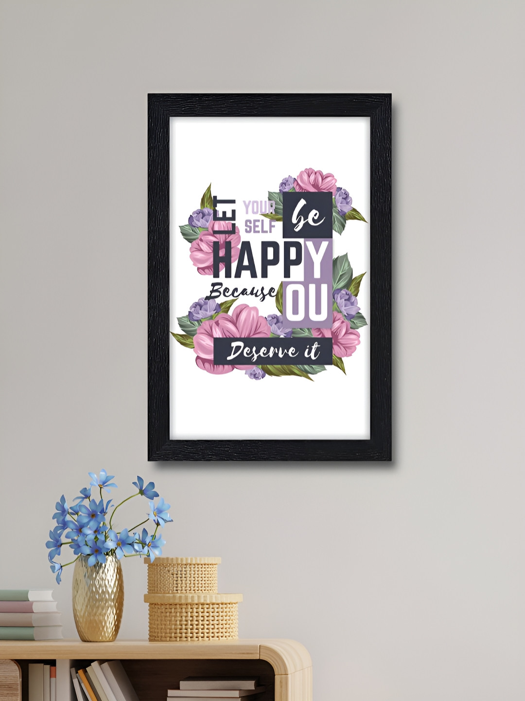 RANDOM White & Pink Motivational Floral Print Synthetic Wood Wall Frame