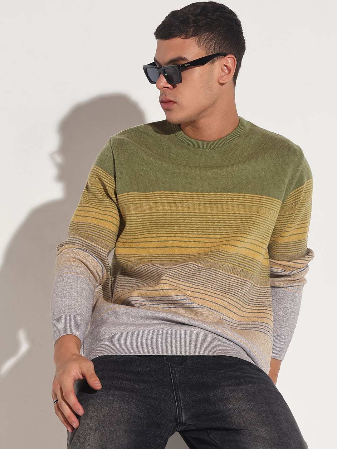 SHOWOFF Men Green & Yellow & Grey Colourblocked Striped Pullover Sweater