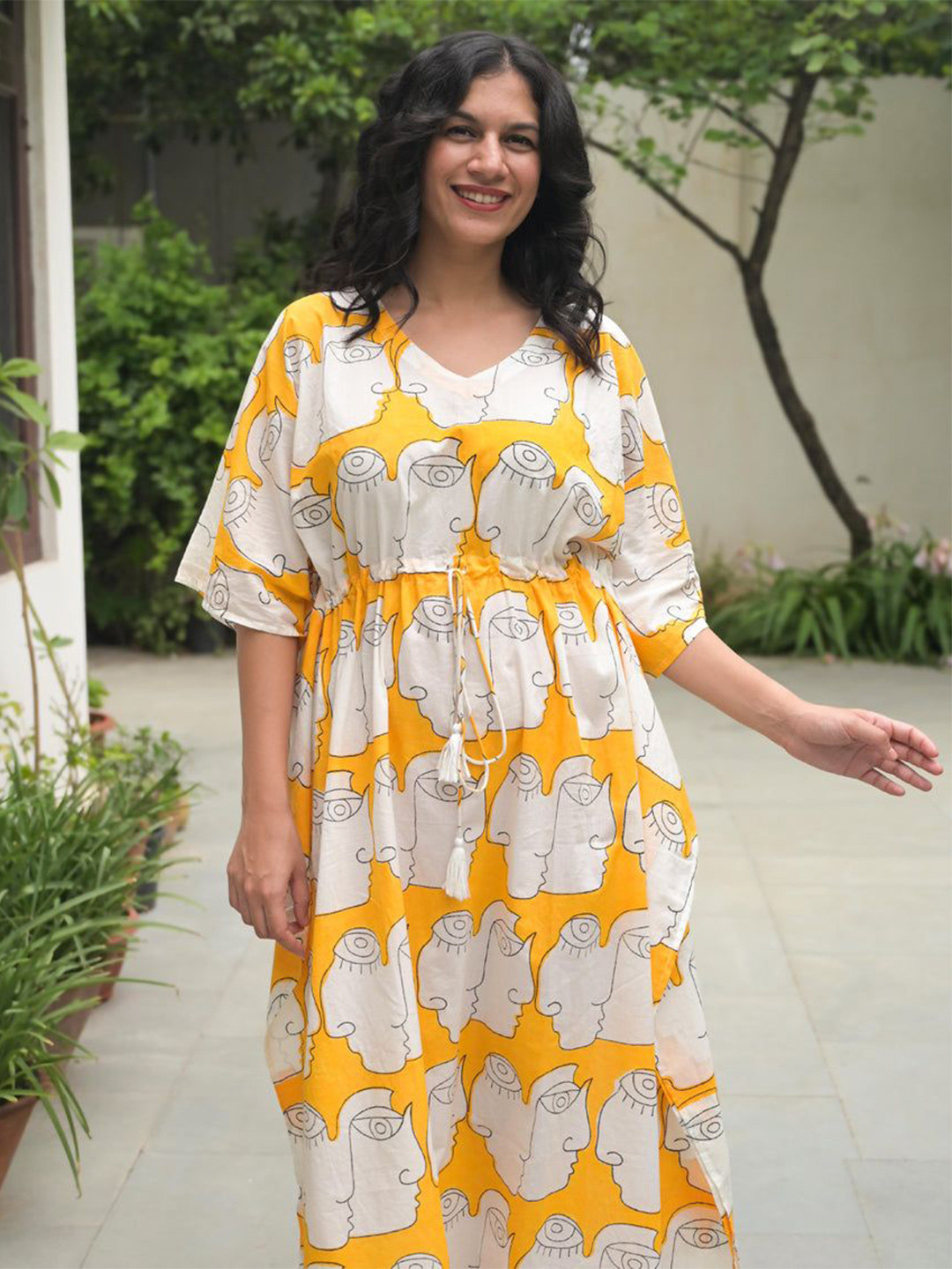 PHUTARI Women Hand Block Printed Tie-Ups Cotton Kaftan Maxi  Dress