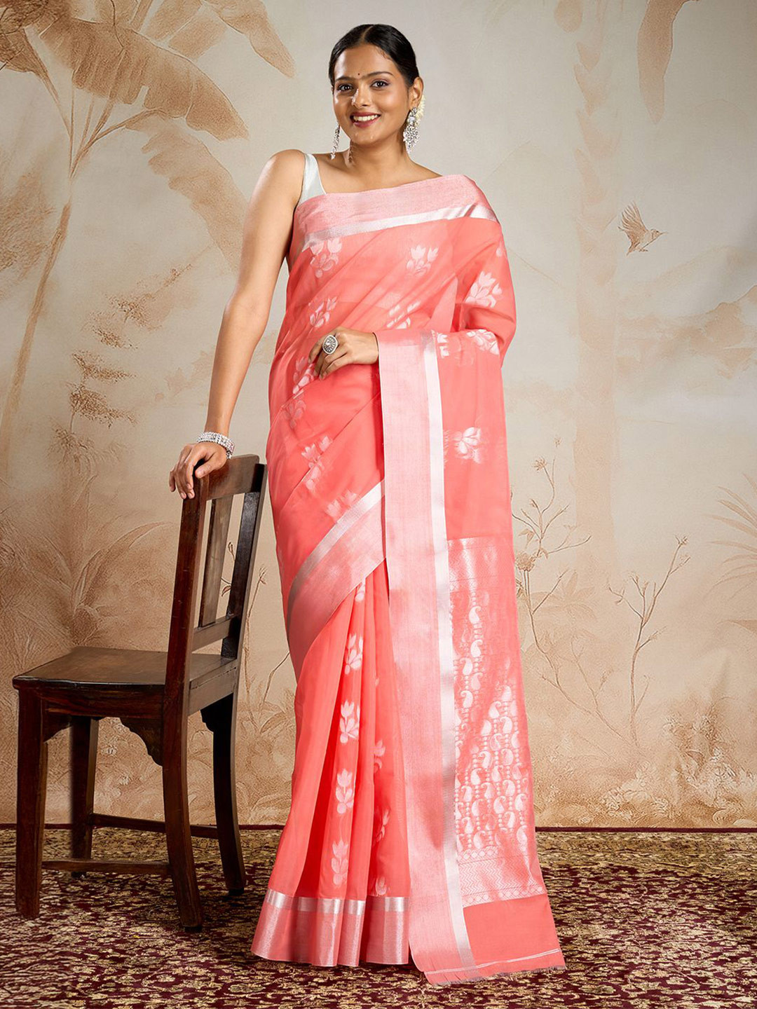 TEEJH Pichola Silk Cotton peach saree