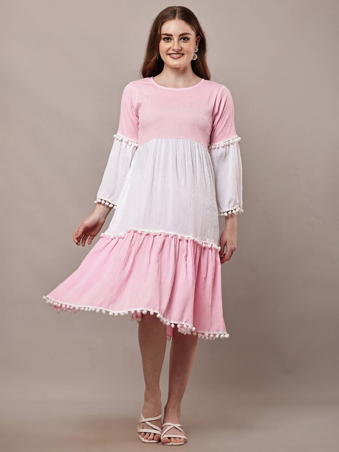 BAESD Solid Pom-Pom Fit & Flare Knee Length Dress