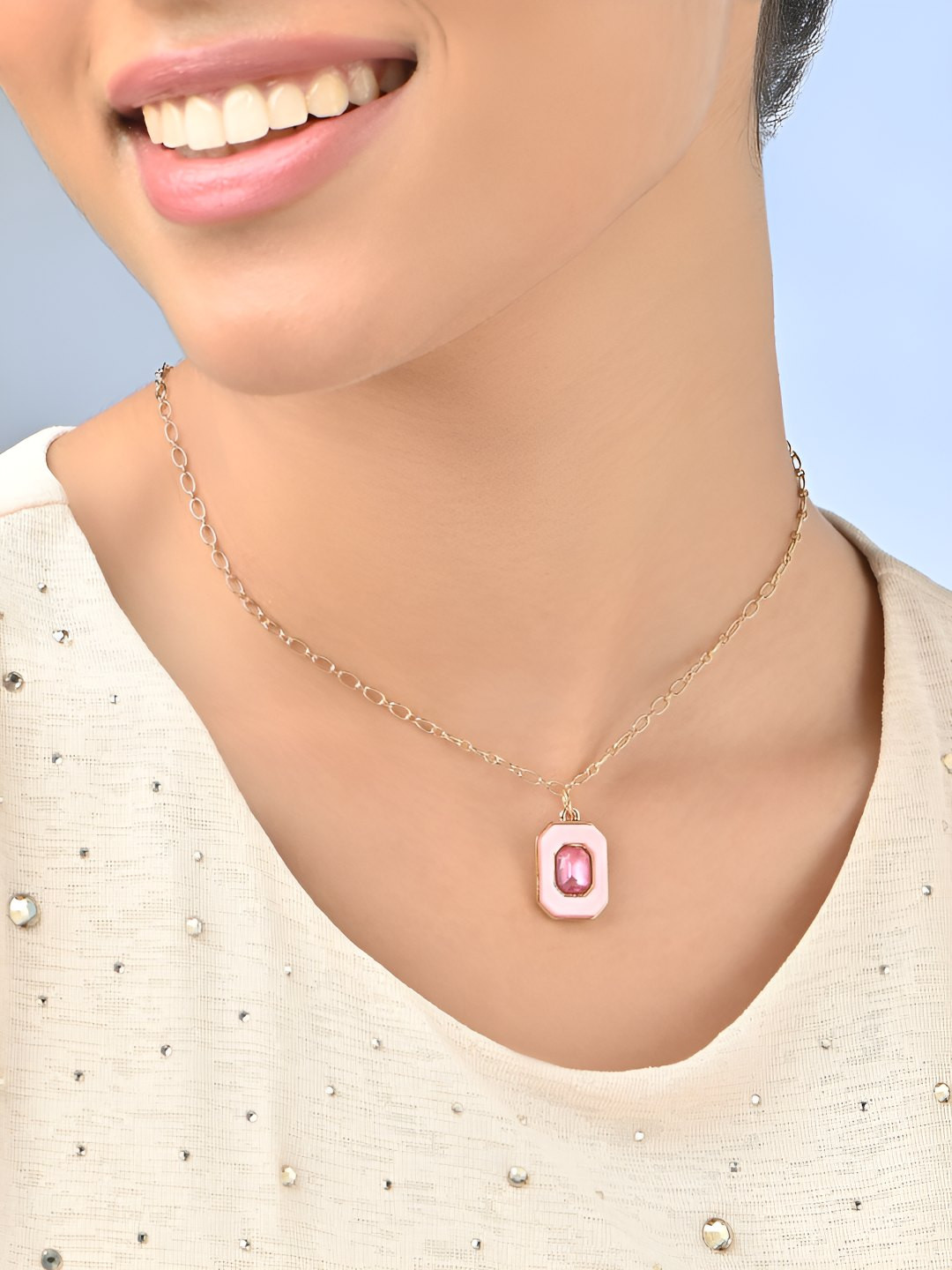 ToniQ Gold-Plated Artificial Stones Studded Minimal Link Chains Necklace