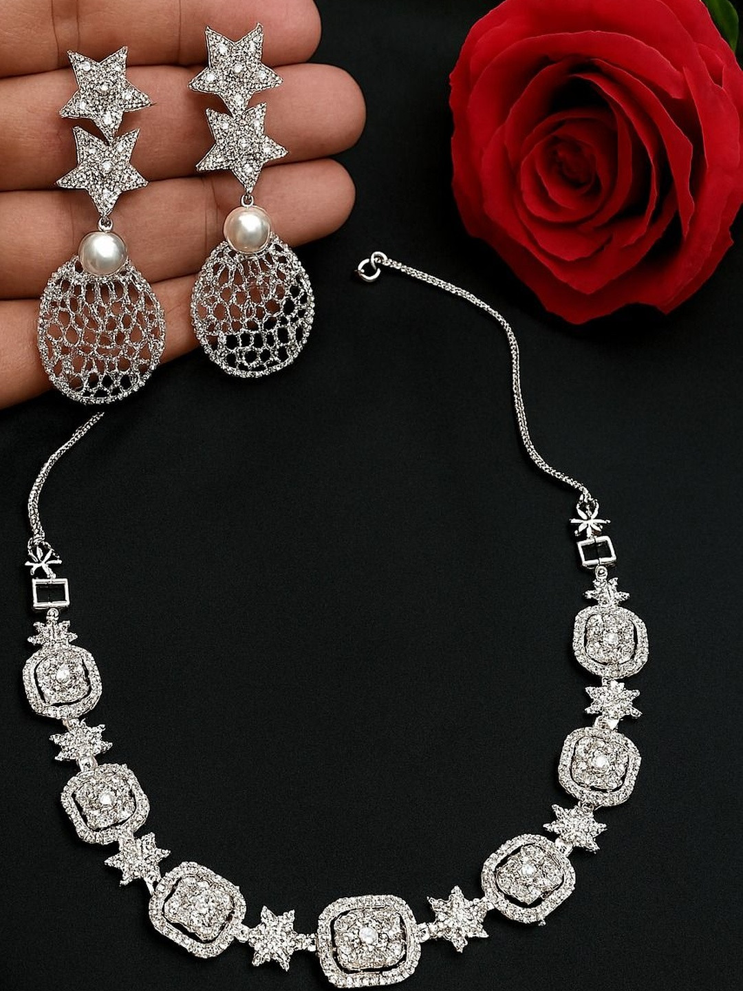 Nakoda Art Jewellery Women Brass Silver American Diamond  Silver Pleated Jewellery Set