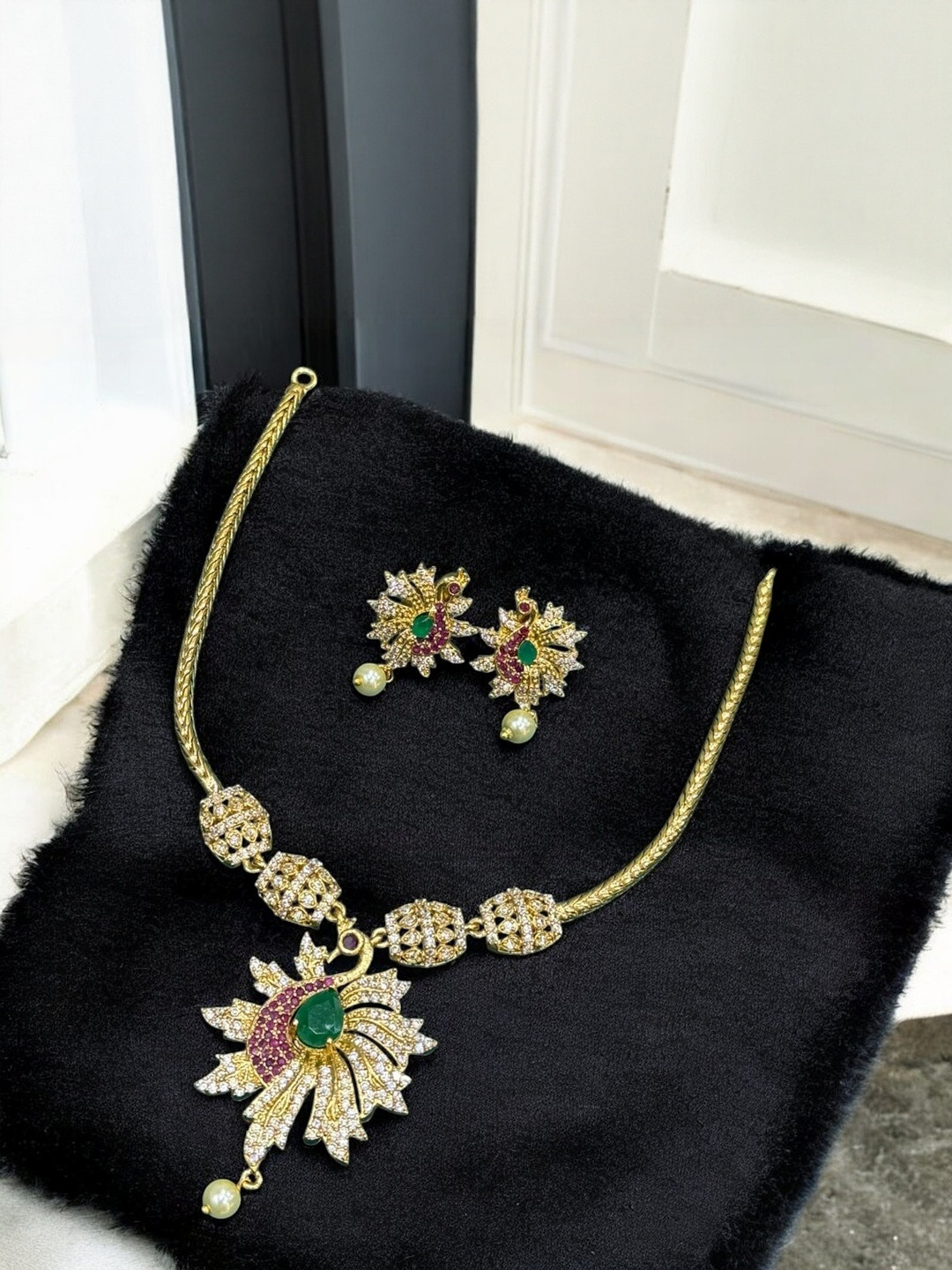 EBR Gold-Plated AD Studded & Pearls Beaded Necklace And Earrings