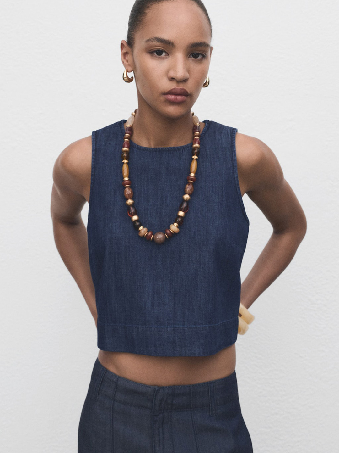 MANGO Paneled Pure Cotton Denim A-Line Top