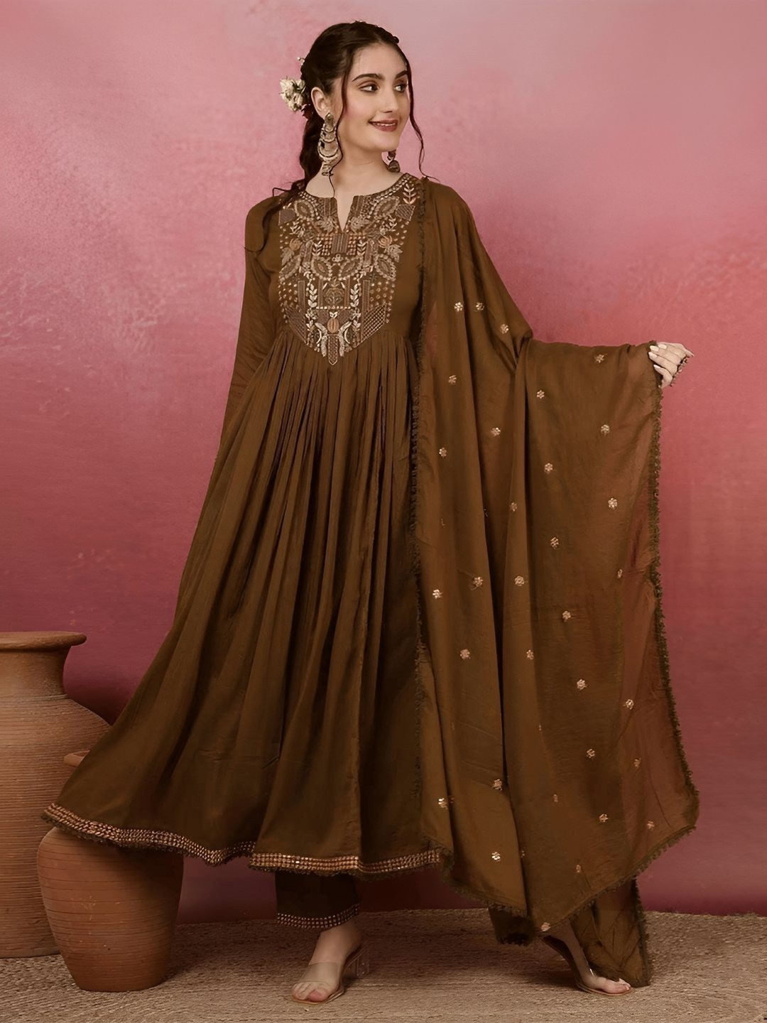 Brand Hill Yoke Design Thread Work Chanderi Silk Anarkali Kurta With Trousers & Dupatta