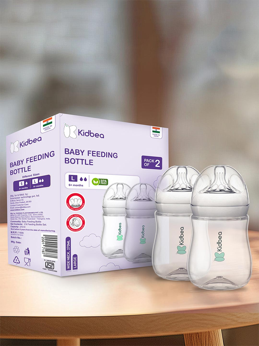 Kidbea 2Pcs Natural Milk Feeding Bottles - 270 ml each