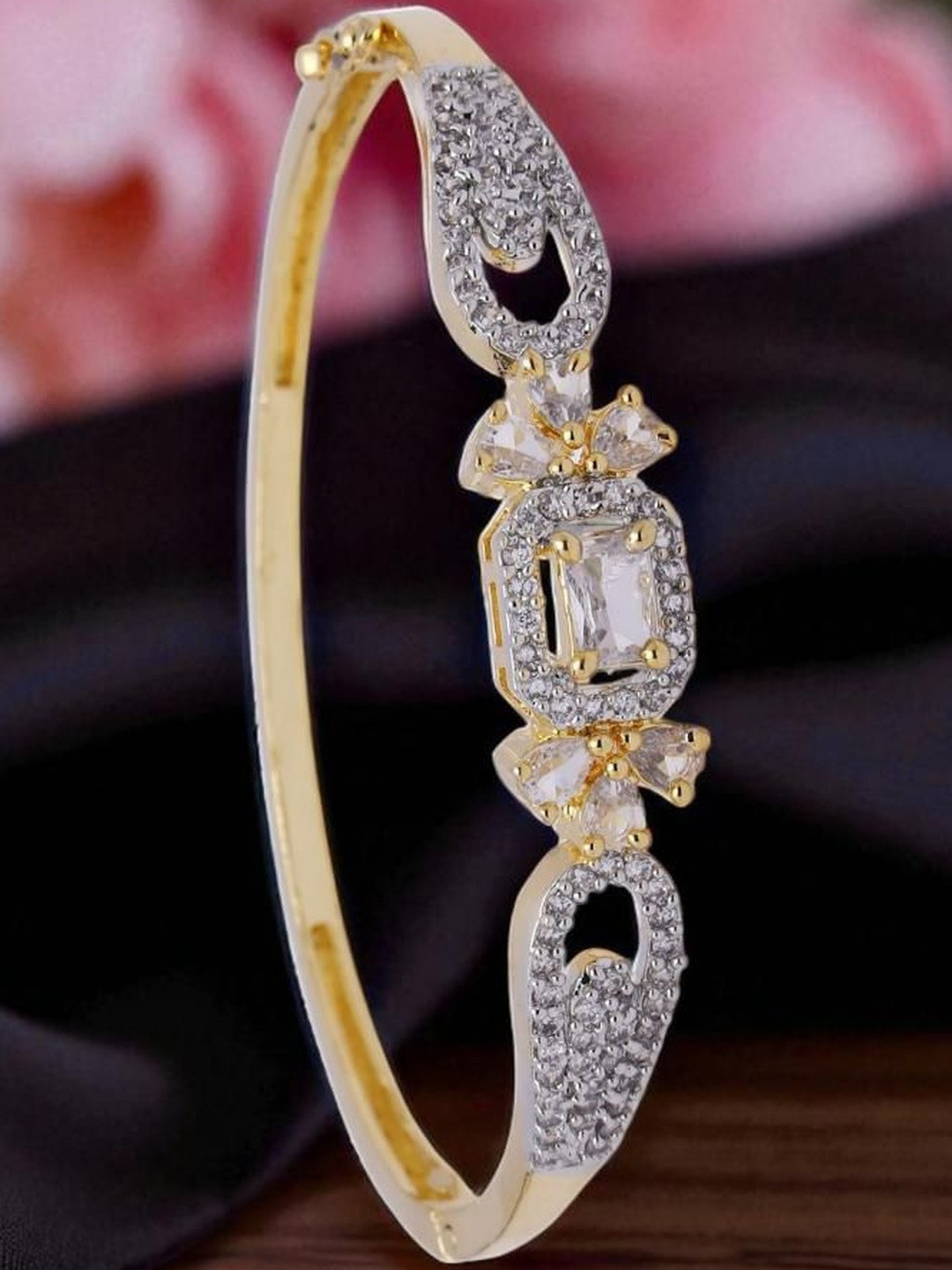 ANIKAS CREATION Women Brass Leaf Design American Diamond Gold-Plated Bangle-Style Bracelet