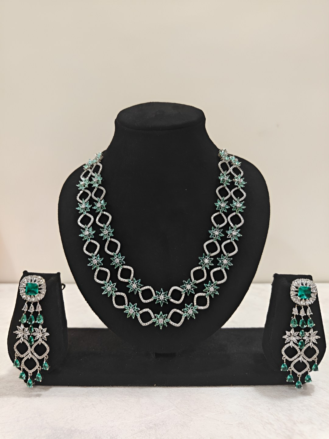 THEPANDASTOREE Silver Plated American Diamond Emerald Green Stone Necklace Set
