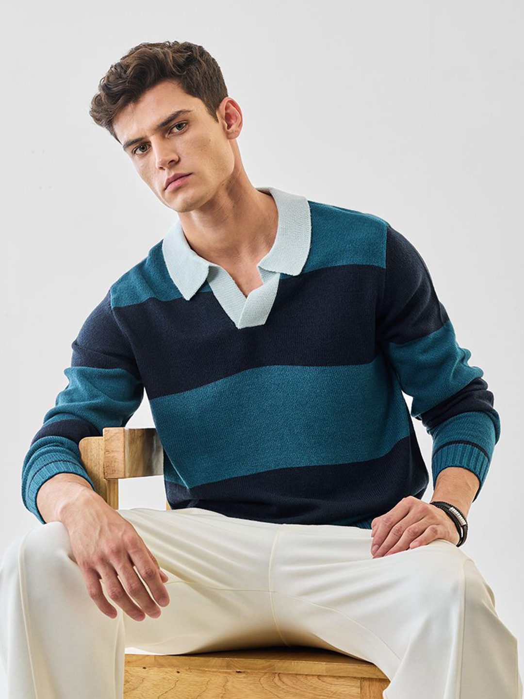 Snitch Men Navy Striped Pullover Sweaters
