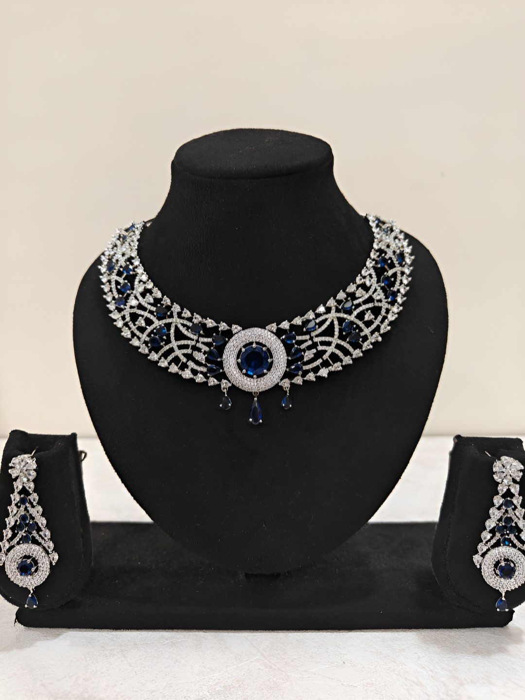 THEPANDASTOREE  Silver Plated Navy Blue American Diamond Statement Necklace Set