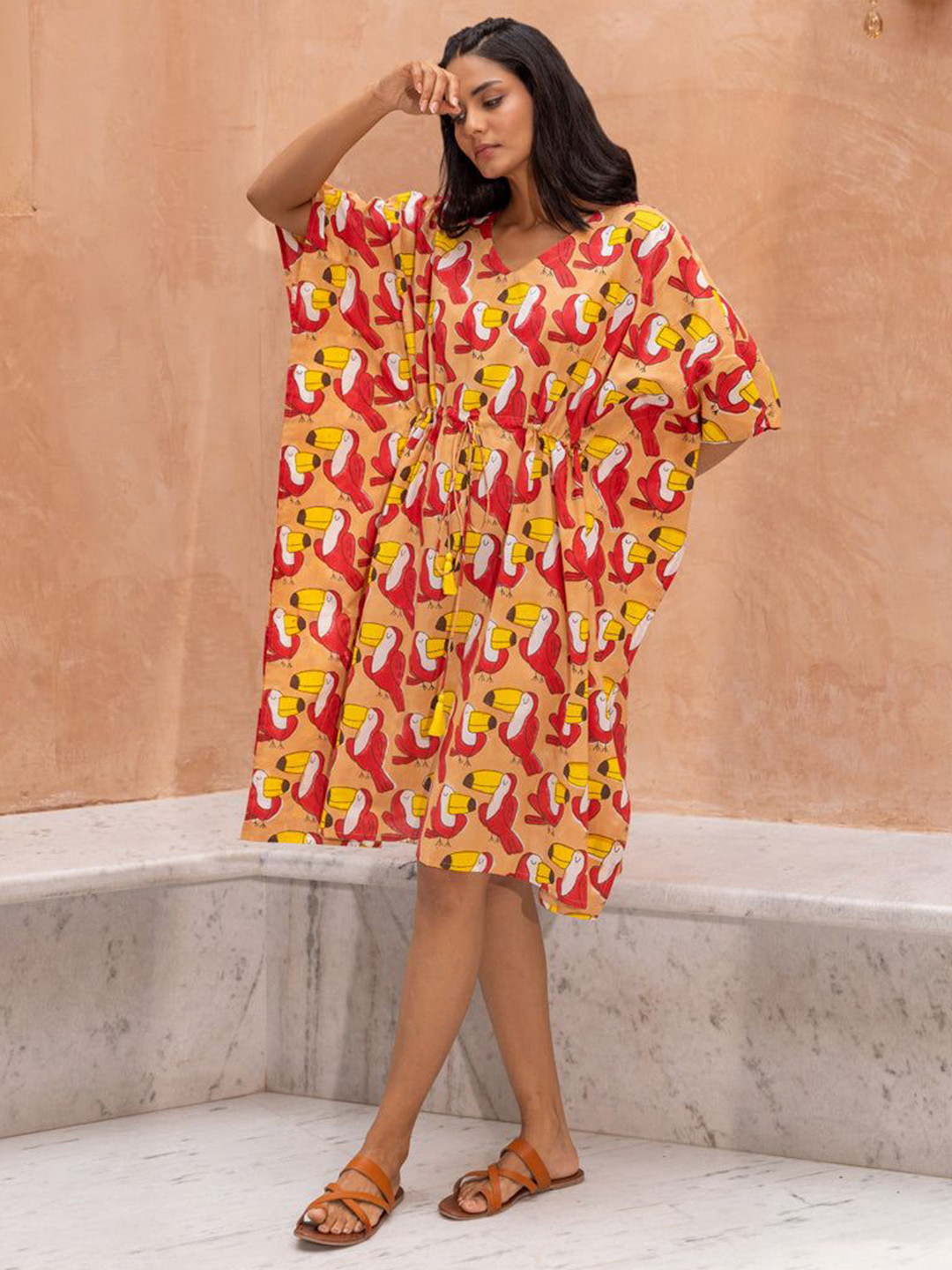 PHUTARI Conversational Printed Kimono Sleeves Kaftan Knee Length Dress