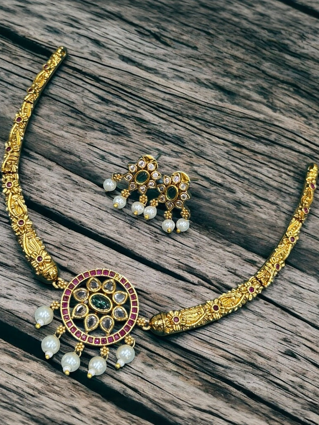 89 Eighty Nine Gold Plated American Diamond Studded And Artificial Beaded Jewellery Set