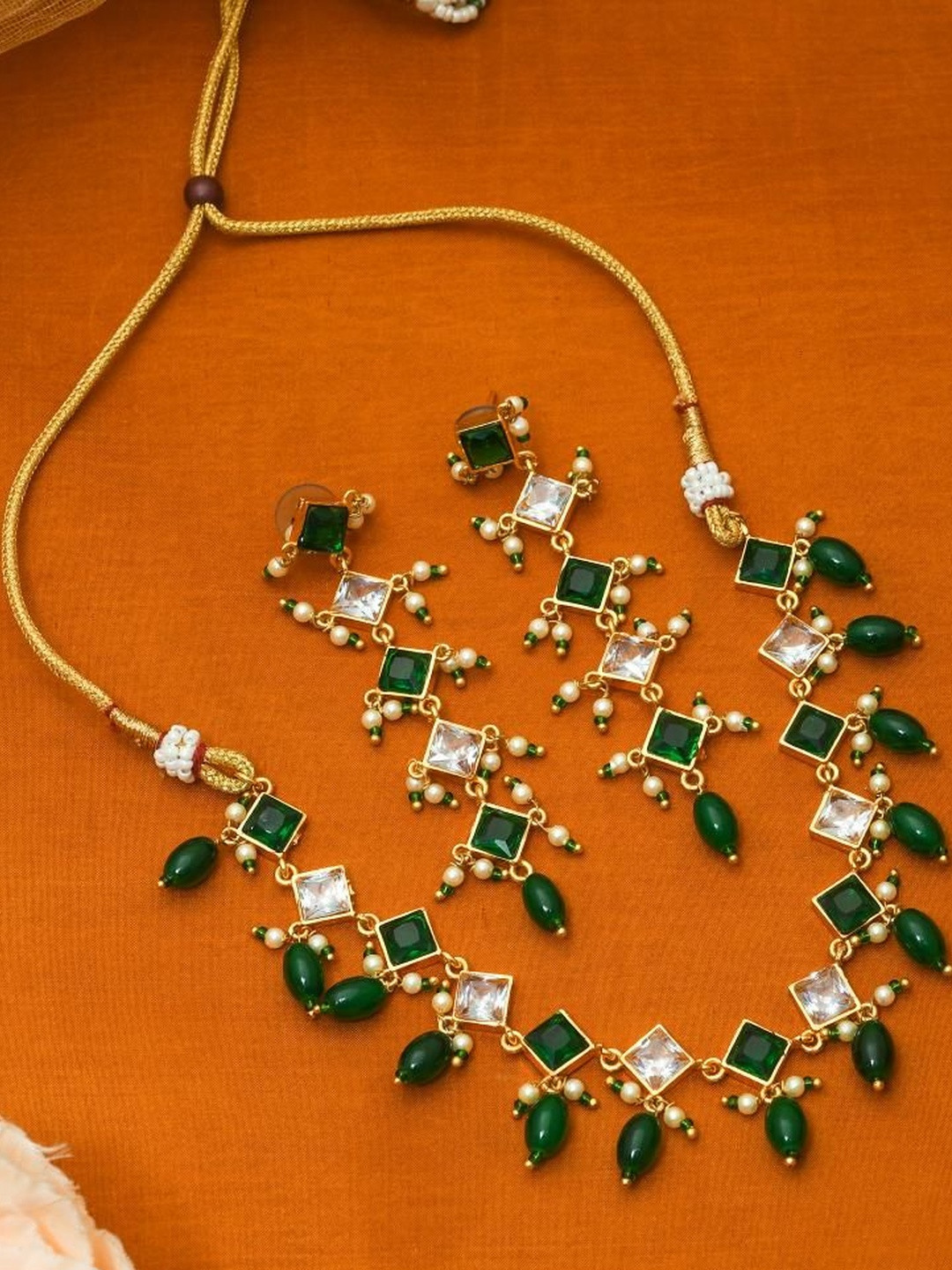 flying beads Women Green & Gold-Plated American Diamond Brass Necklace & Earrings Set