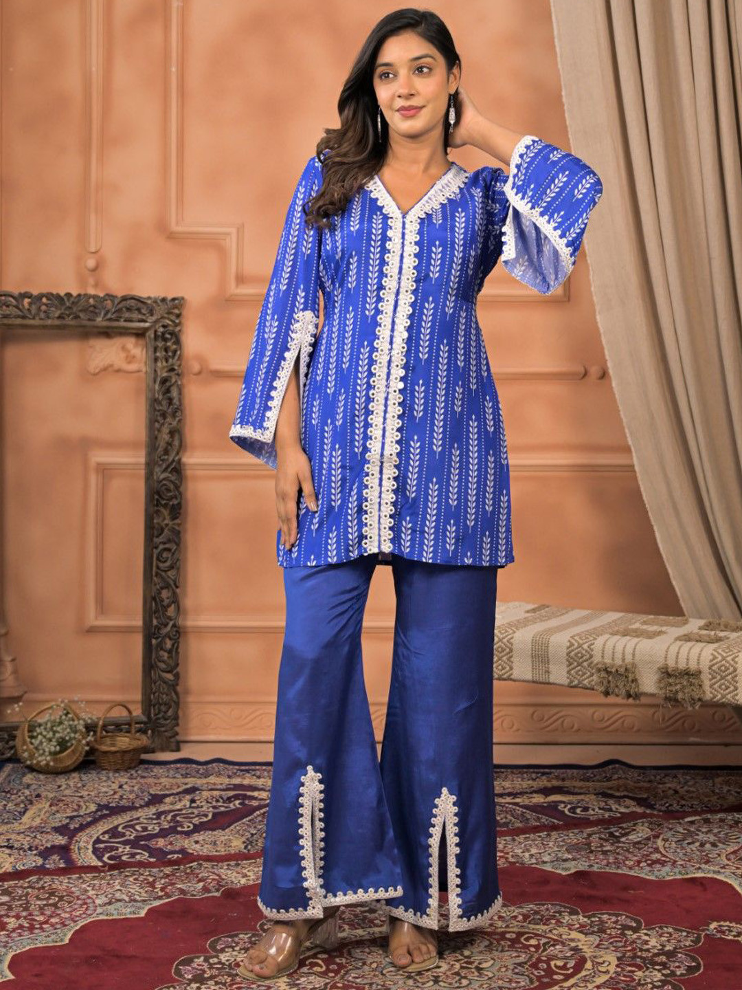 AUTUMN LANE Sera Cobalt Printed V-Neck Tunic With Palazzo Co-Ords