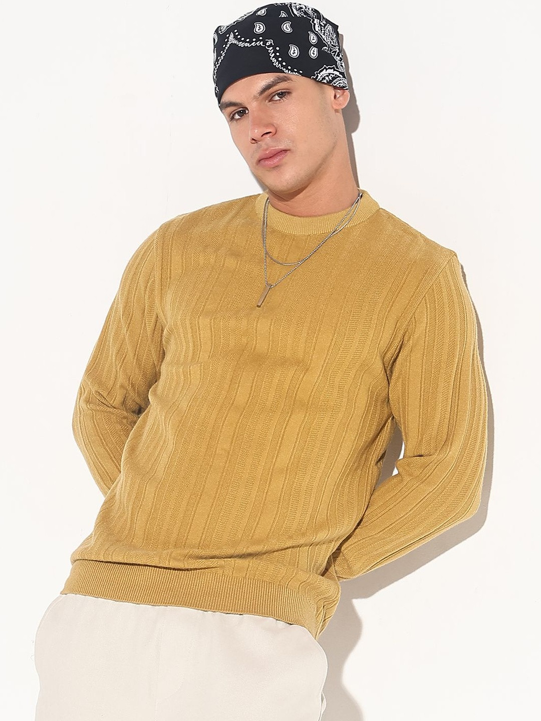 SHOWOFF Men Mustard Striped Pullover Sweater