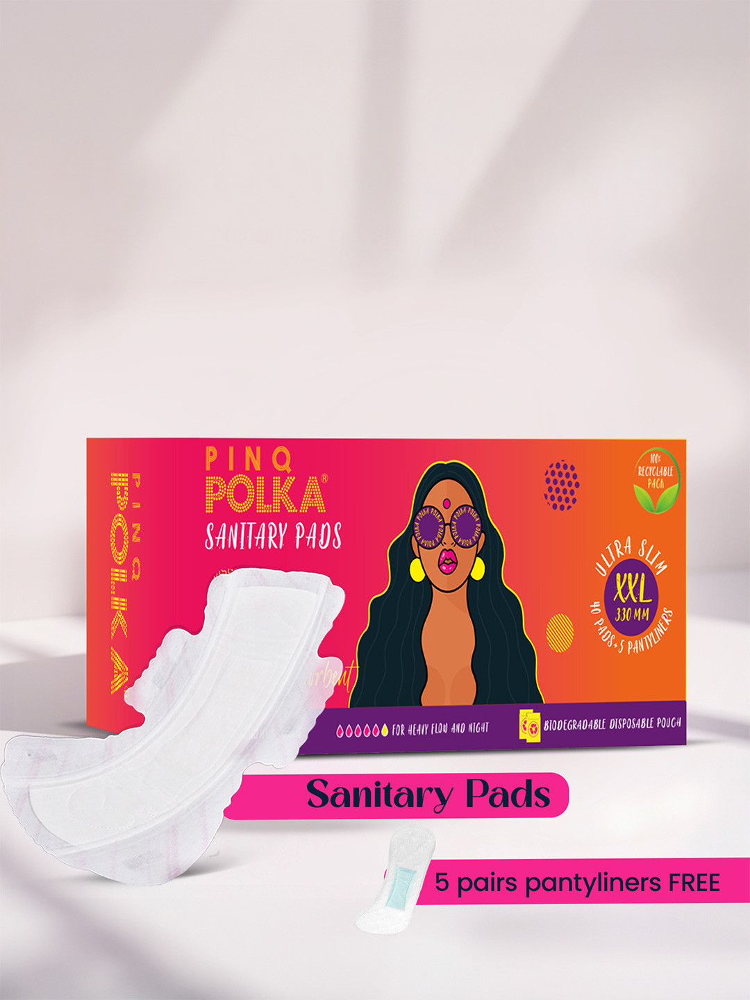 PINQ POLKA Premium Organic Cotton Ultra Feel Sanitary Pads With Panty Liners - 40Pcs XXL