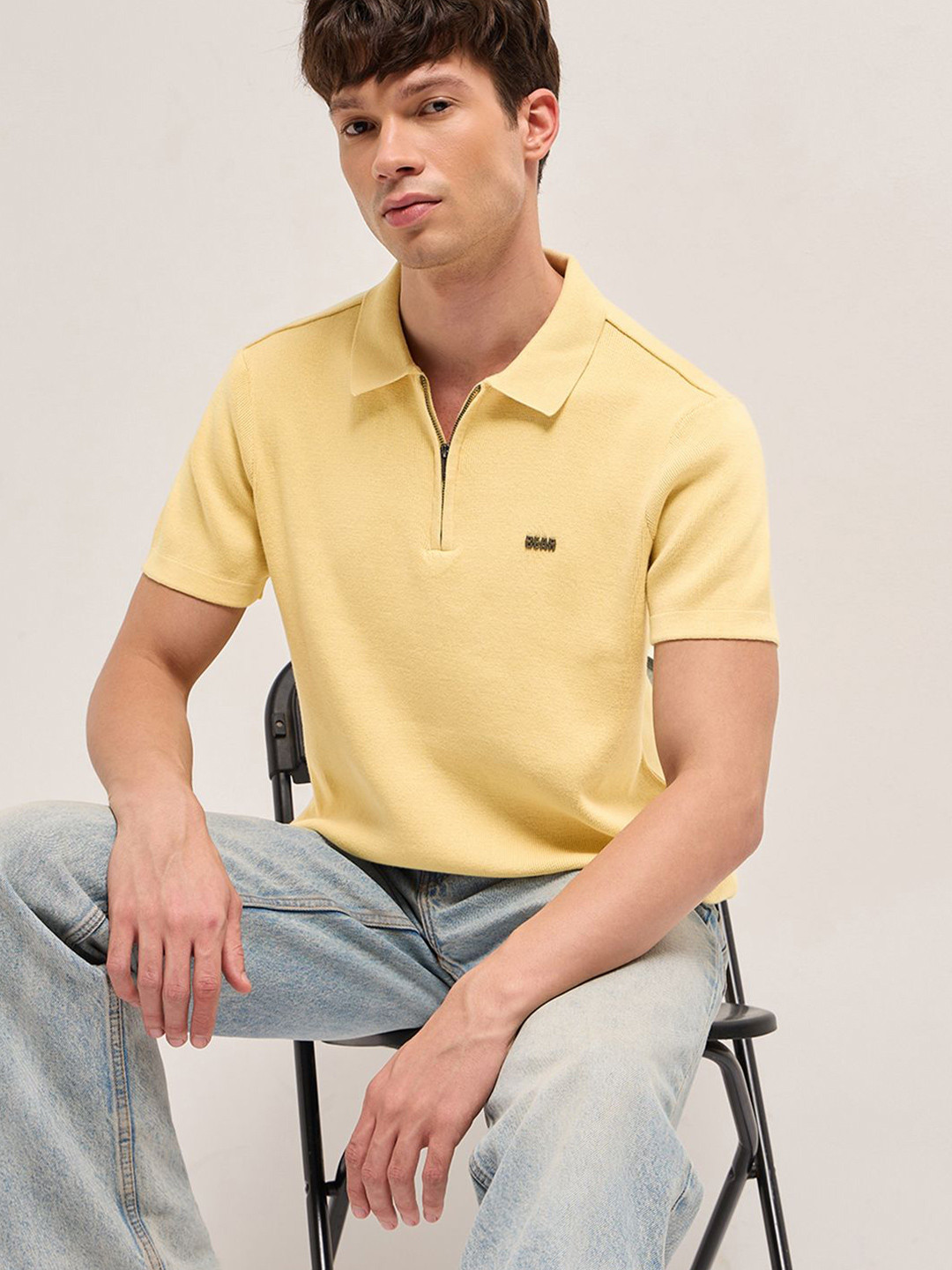 THE BEAR HOUSE Men Flat Knit Polo Solid Textured Pure Cotton Collar T-shirt