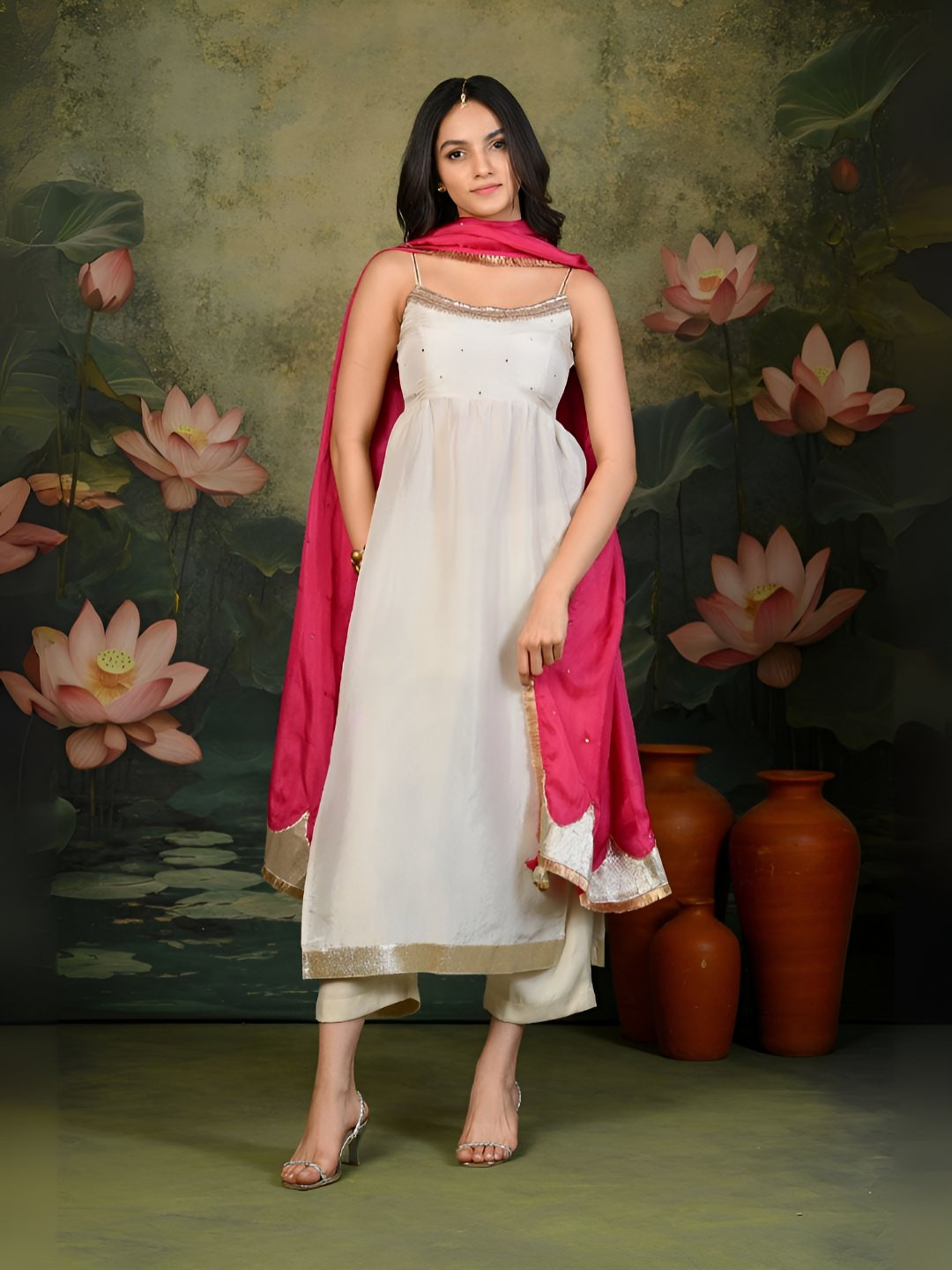 SHOP GULMOHAR Embroidered Empire Sequinned A-Line Kurta With Trousers And Dupatta