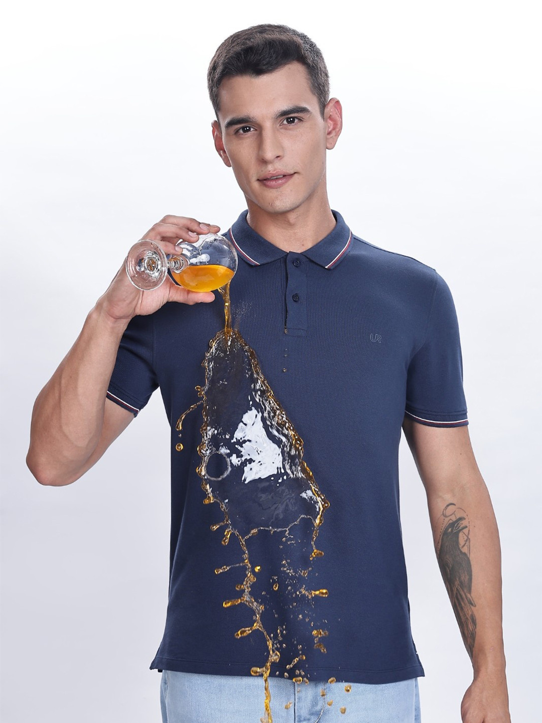 TURMS Men Solid Polo Collar Short Sleeves Cotton Stain And Water Repellent Tshirt