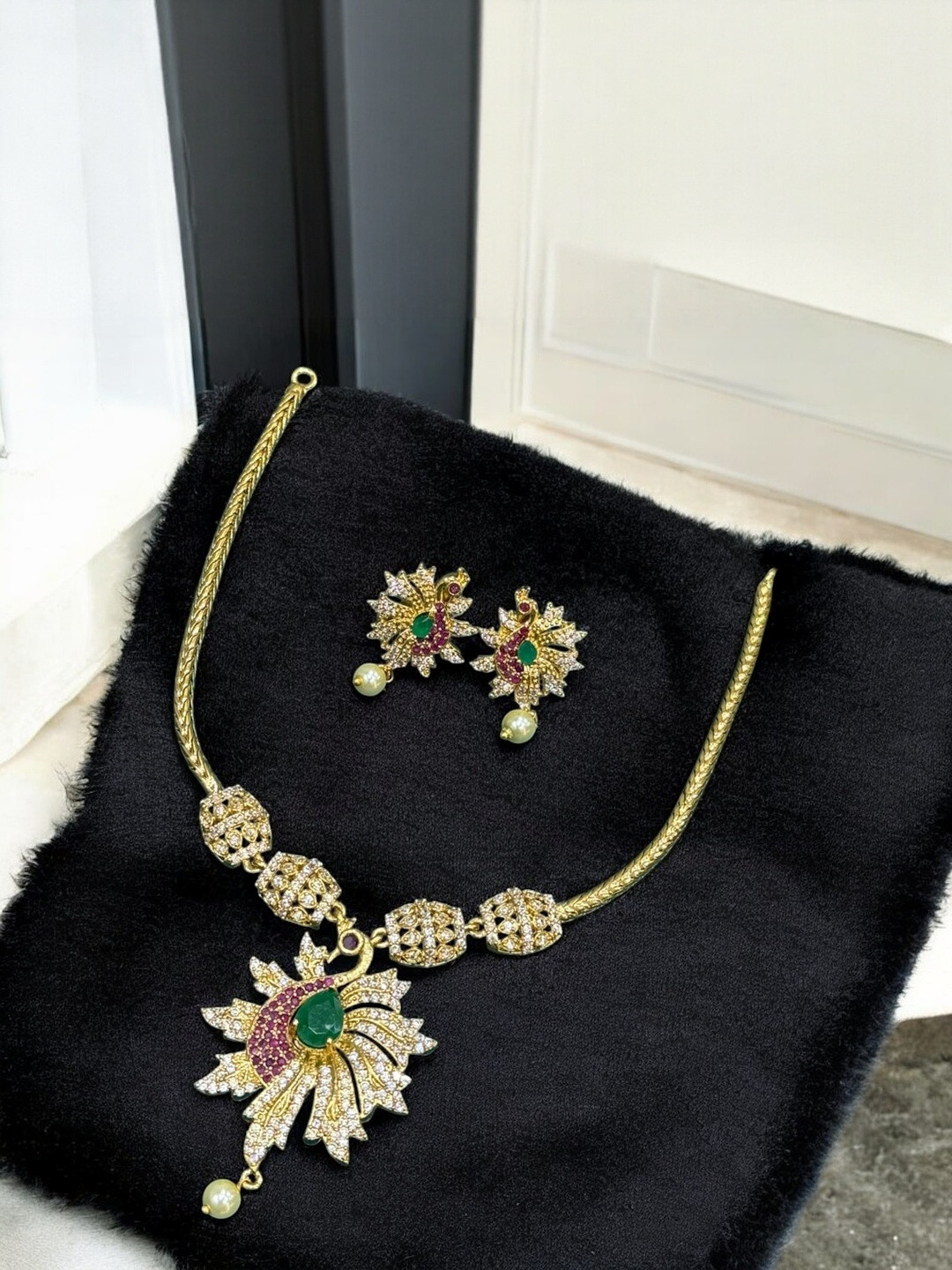 89 Eighty Nine Gold Plated American Diamond Studded And Artificial Beaded Jewellery Set