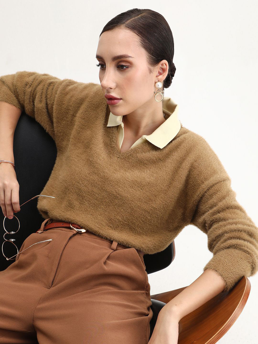 RAREISM Women Zavi Khaki V-Neck Pullover