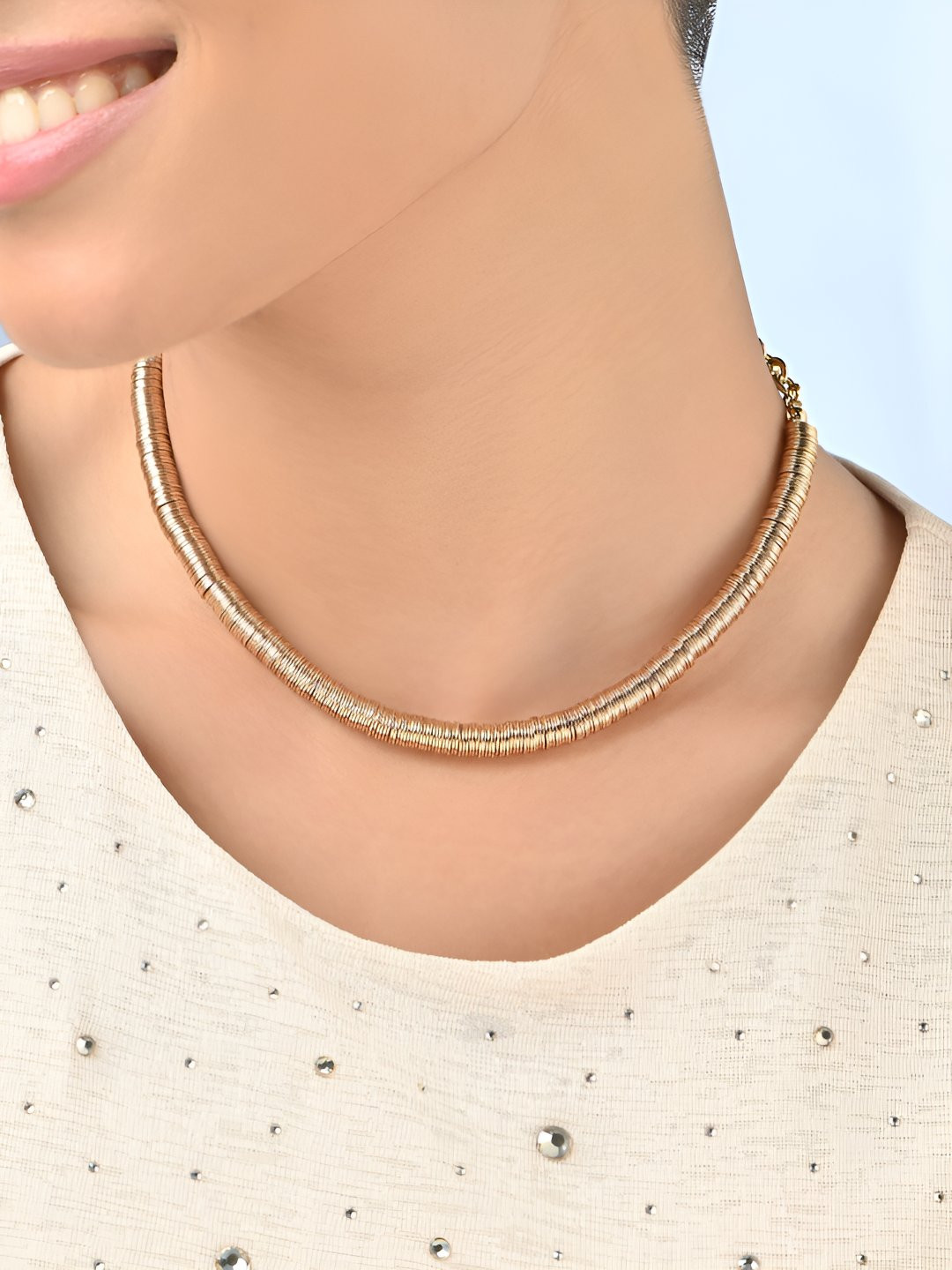 ToniQ Gold-Plated Ribbed Choker Statement Necklace