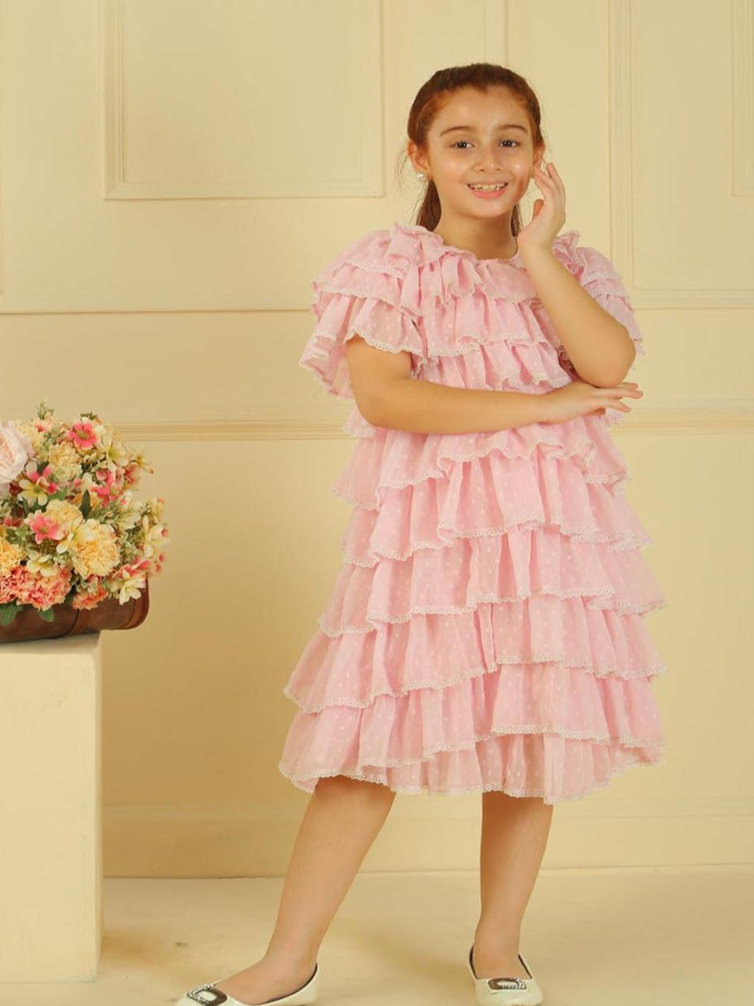 LH LUXURY FASHION Girls Flutter Sleeve Layered Chiffon A-Line Dress